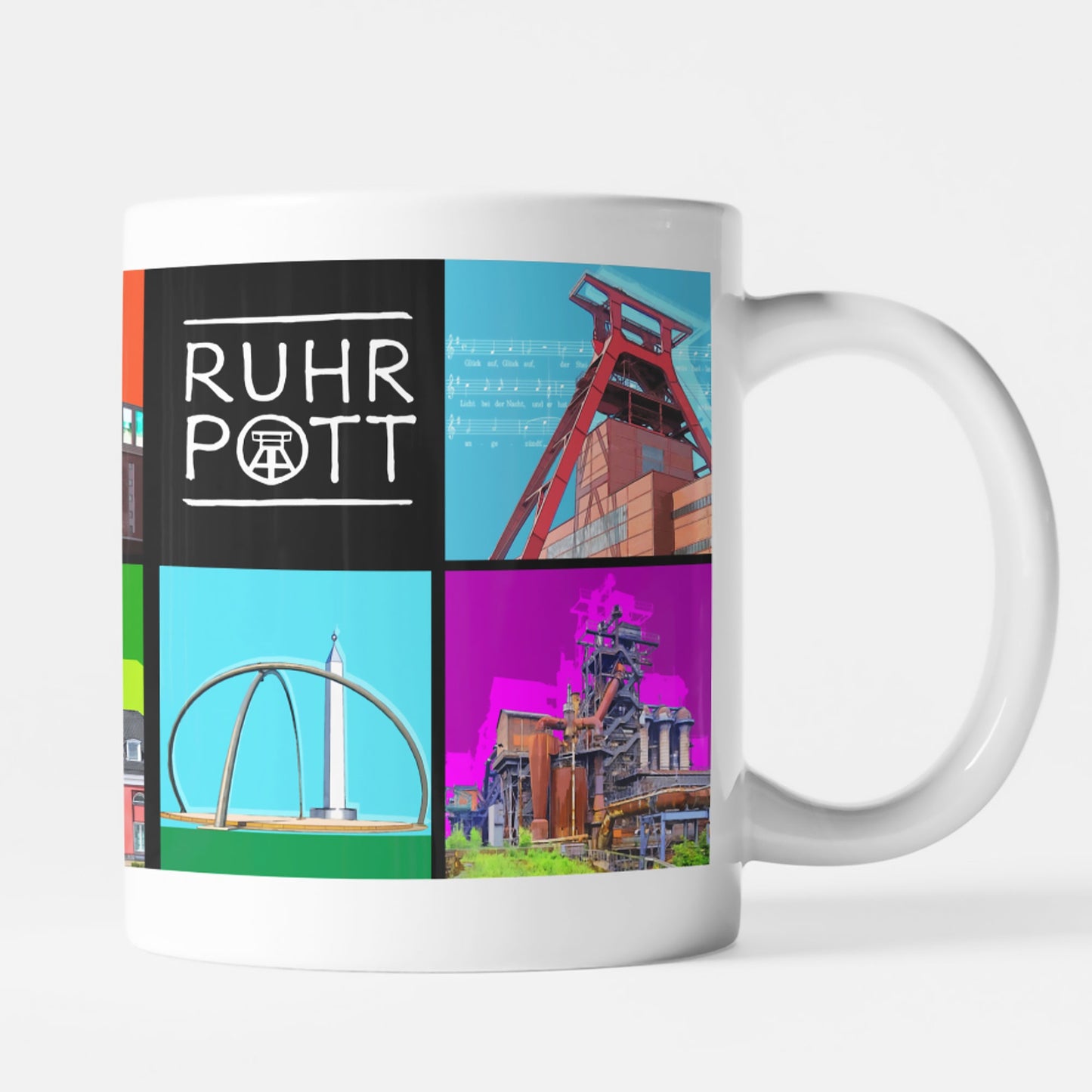 Weiße Tasse mit lebendigem Ruhrpott-Motiv, spülmaschinenfest und ein tolles Geschenk für Ruhrgebiet-Fans.