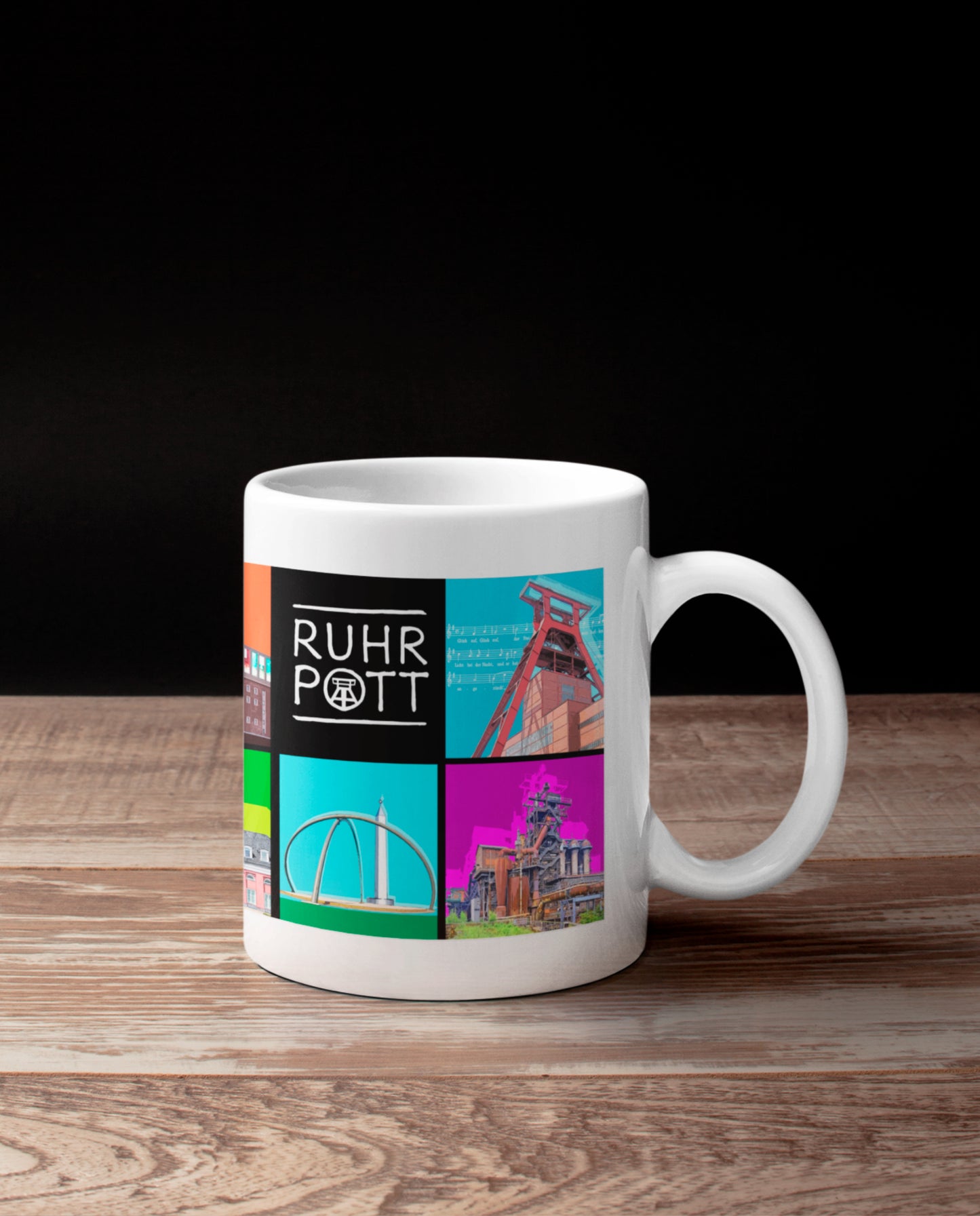 Weiße Tasse mit lebendigem Ruhrpott-Motiv, spülmaschinenfest und ein tolles Geschenk für Ruhrgebiet-Fans.