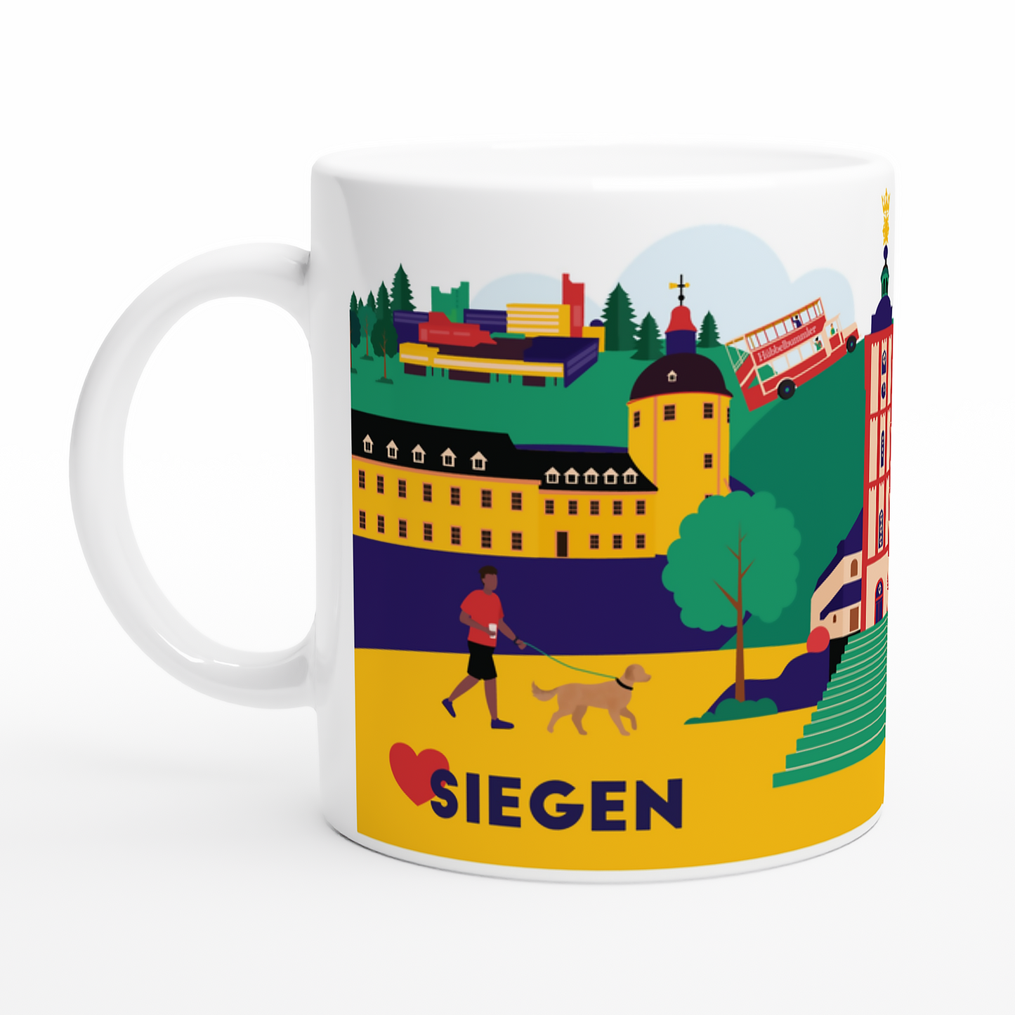 Keramiktasse mit Siegen-Illustration und Stadtmotiven wie Schloss und Nikolaikirche
