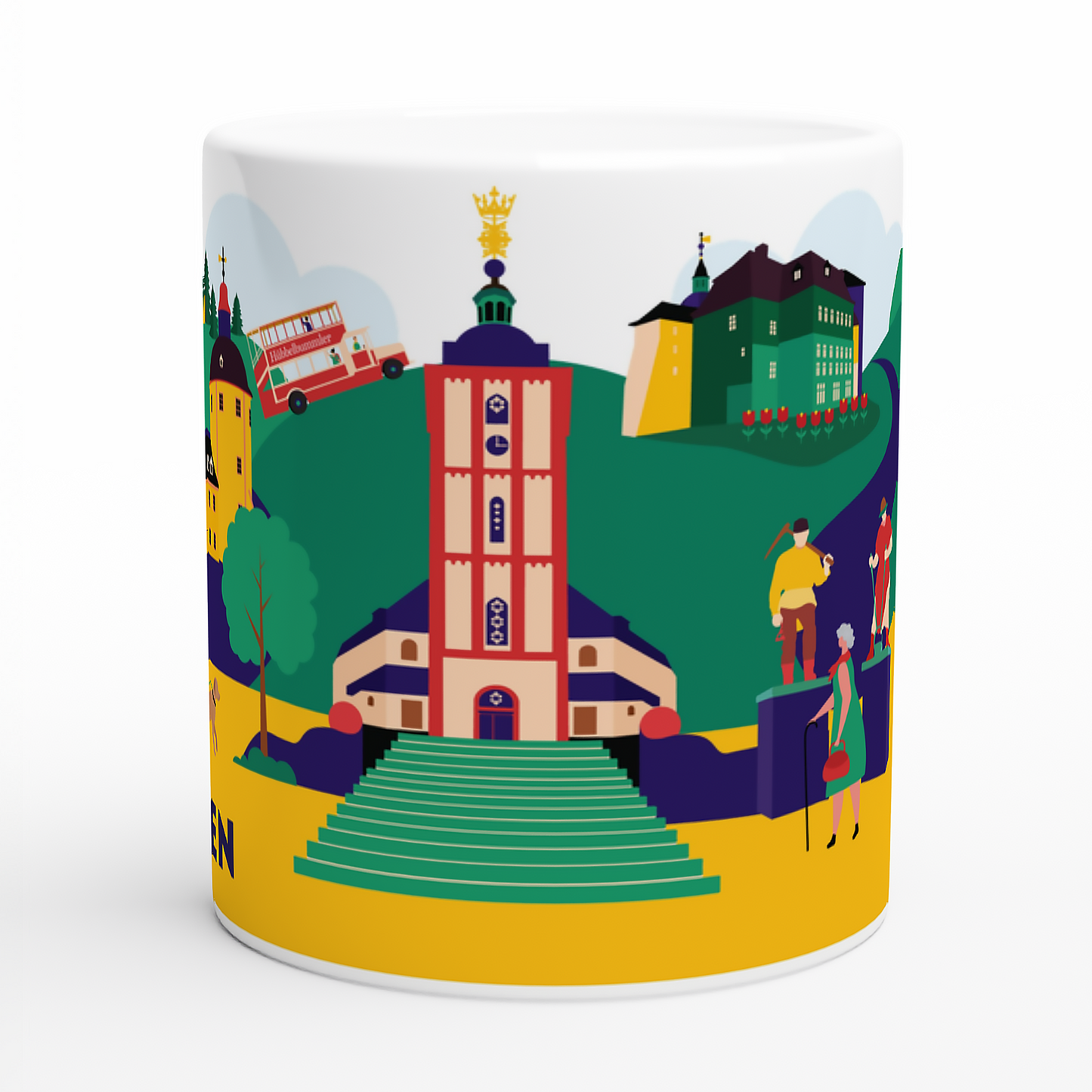 Design-Tasse mit farbenfrohem Stadtmotiv von Siegen – inklusive Rathaus und Universität