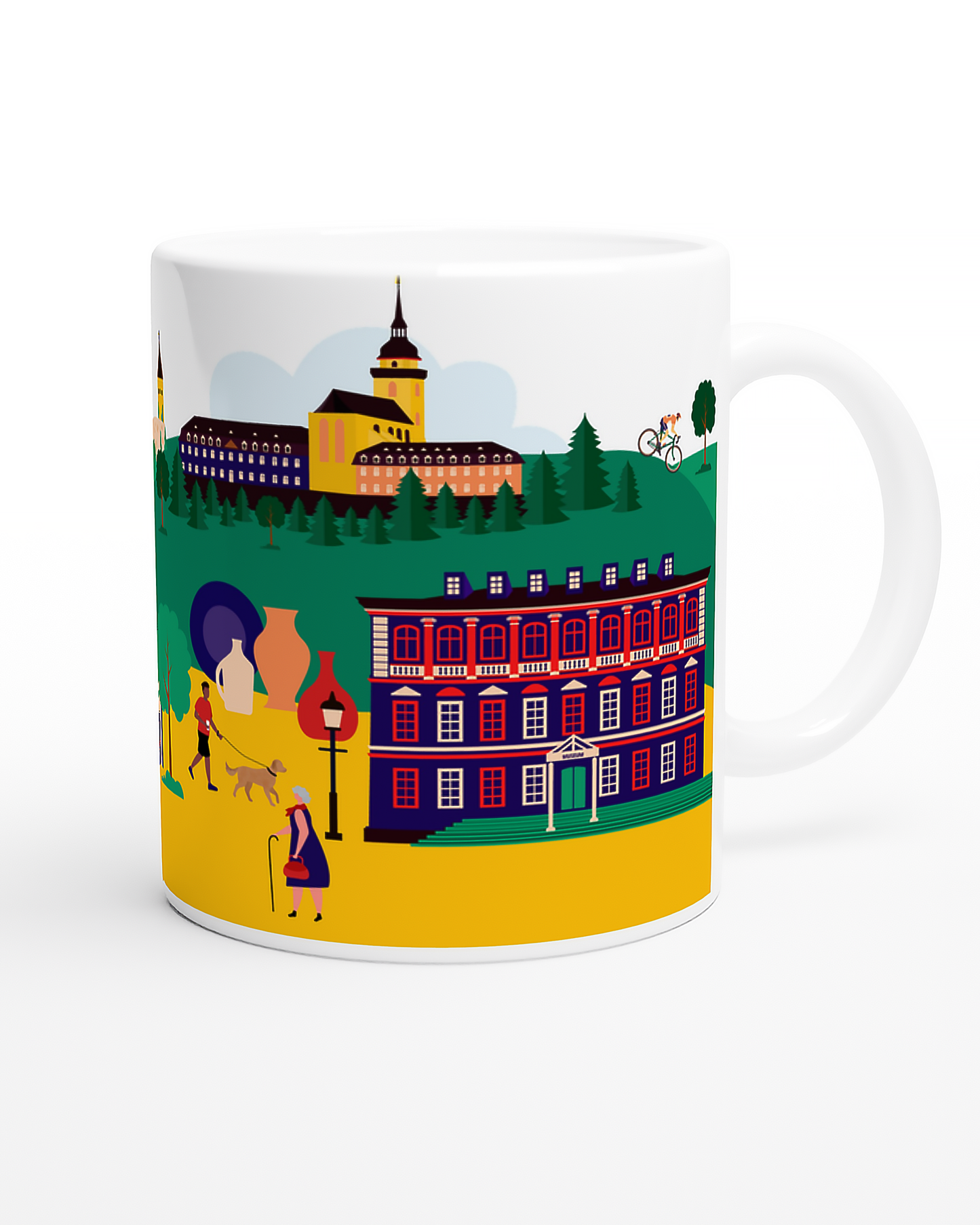 Rundum bedruckte Tasse mit Sehenswürdigkeiten aus Siegburg