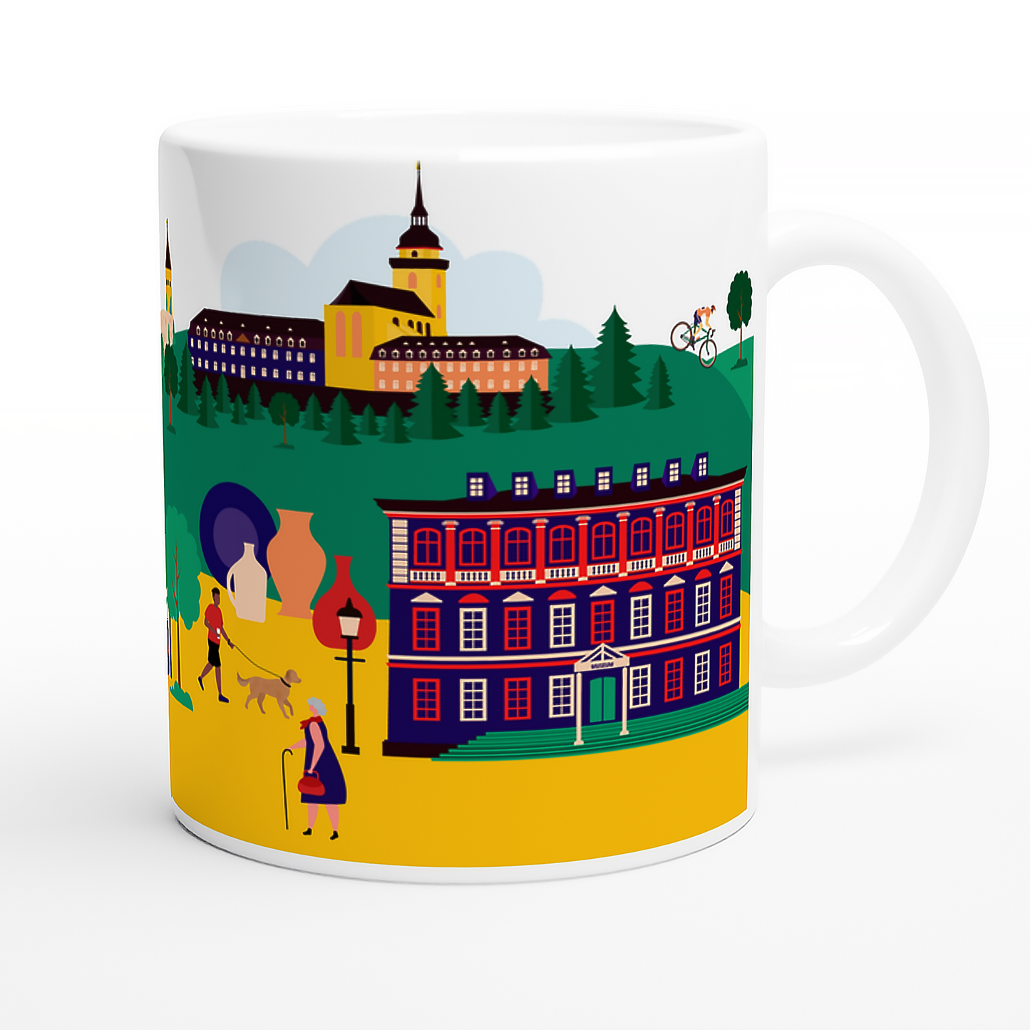 Rundum bedruckte Tasse mit Sehenswürdigkeiten aus Siegburg