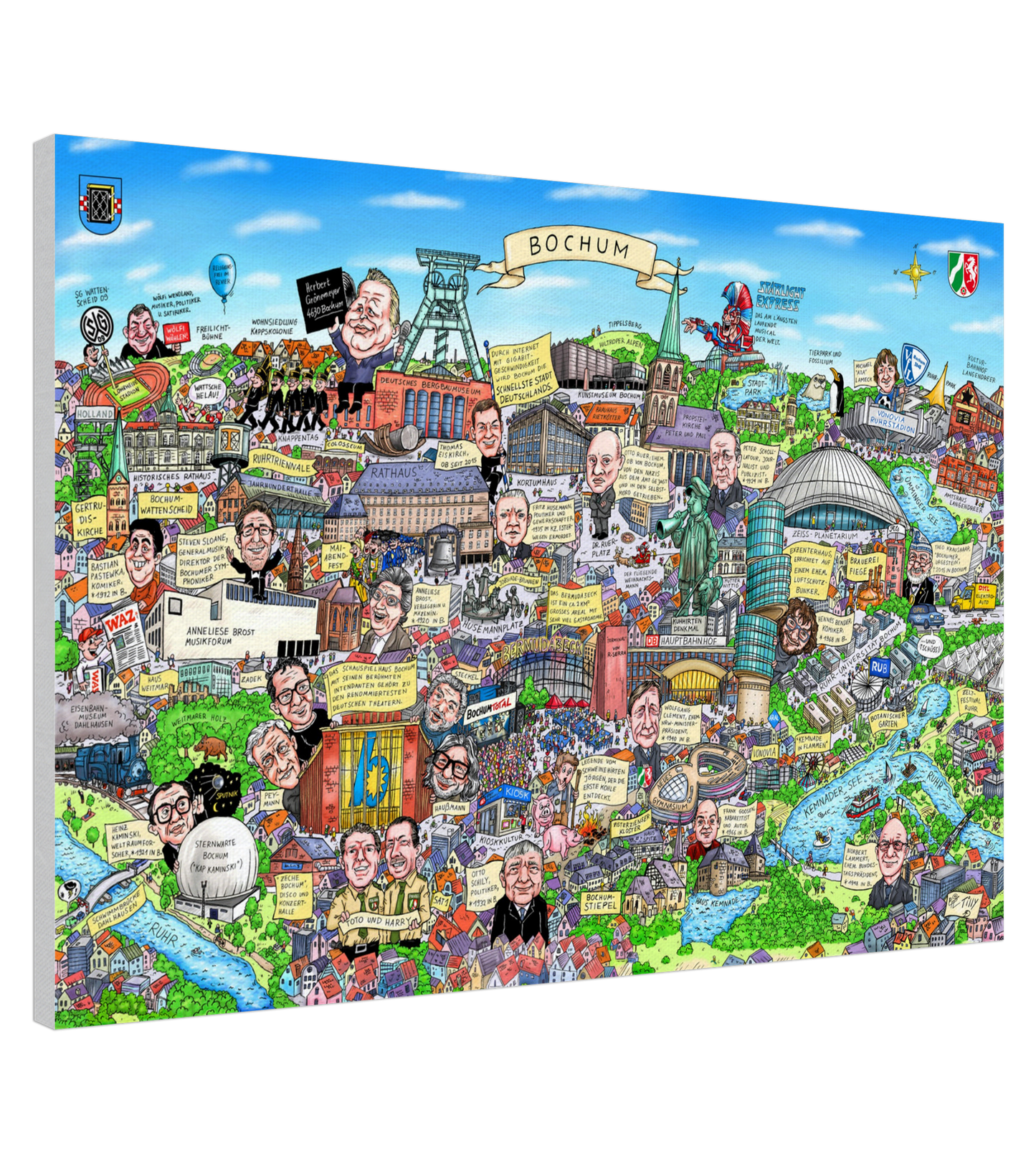 Farbenfrohe Stadtcollage von Bochum als Leinwanddruck, gestaltet von Jacques Tilly.