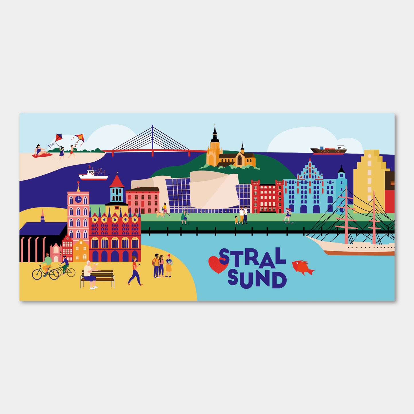 Leinwand mit Illustration von Stralsund – inklusive Ozeaneum, Gorch Fock und Rathaus