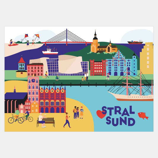 Stadtposter Stralsund – modernes Motiv mit Wahrzeichen und Ostsee-Flair