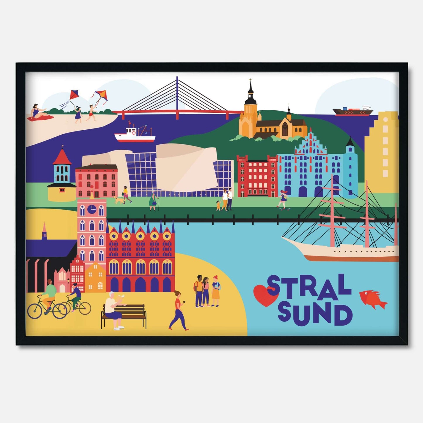 Design-Poster mit maritimer Illustration von Stralsund – mit Hafen, Altstadt und Rügendammbrücke
