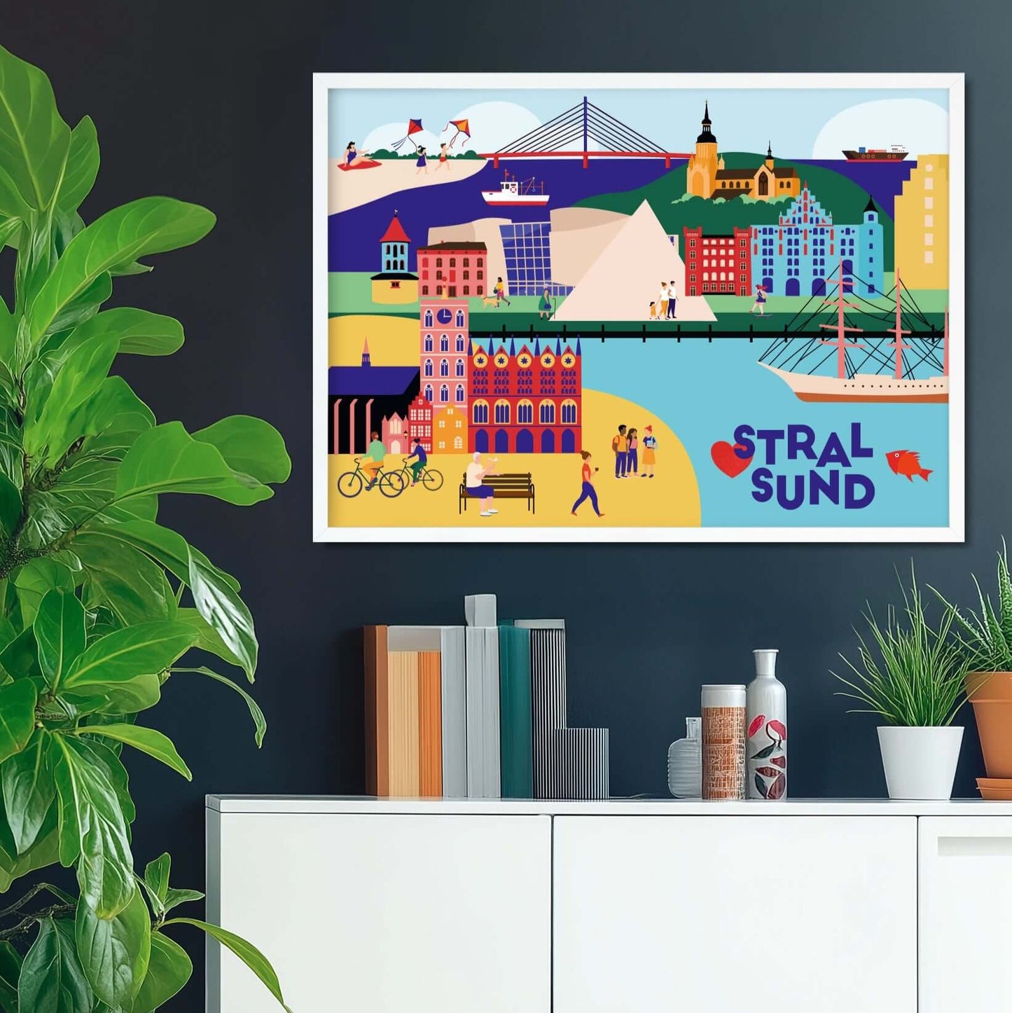 Stralsund-Poster mit Stadtillustration – Ozeaneum, Gorch Fock und Rathaus auf Kunstdruck