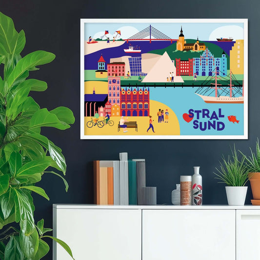 Stralsund-Poster mit Stadtillustration – Ozeaneum, Gorch Fock und Rathaus auf Kunstdruck