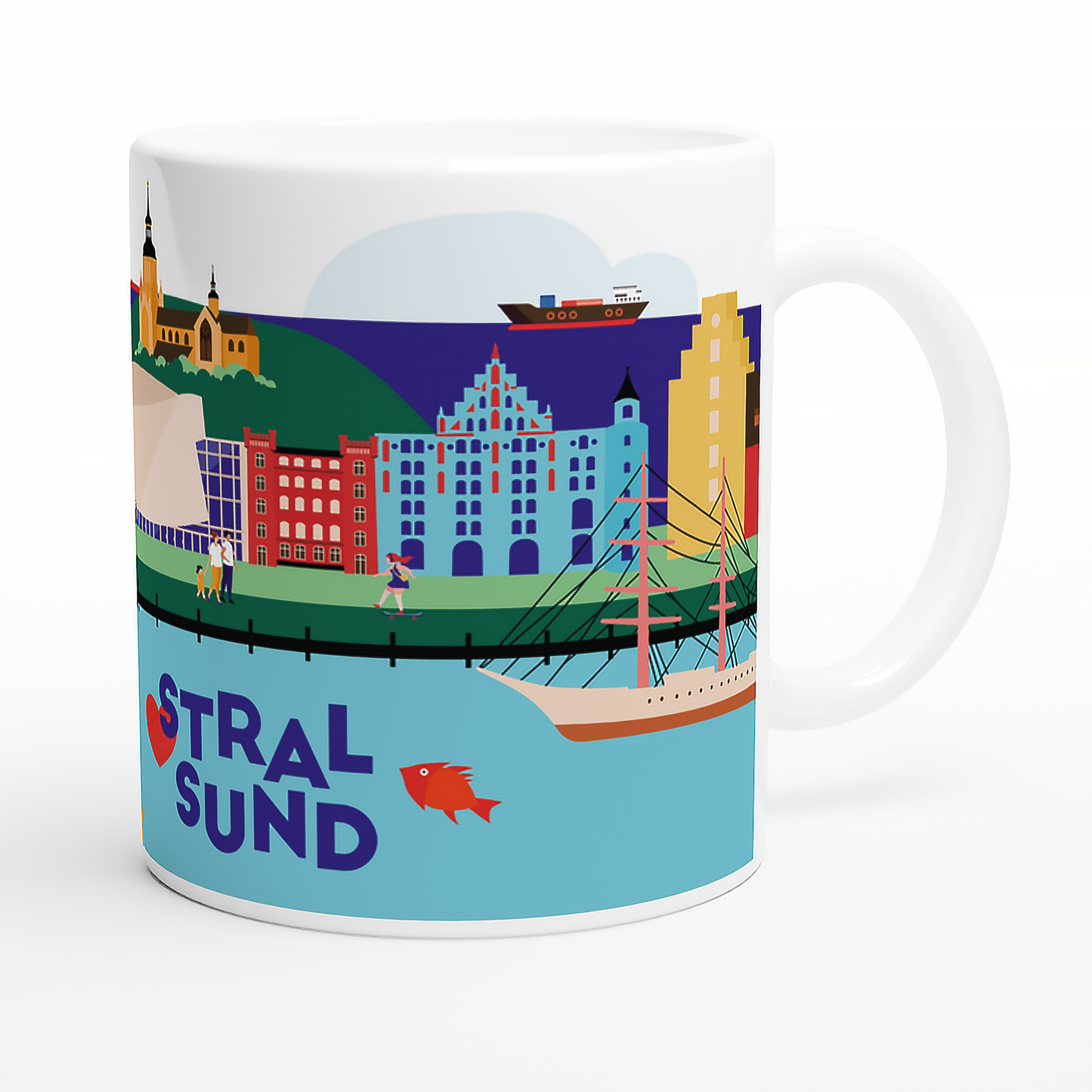 Keramiktasse mit Illustration von Stralsund – mit Ozeaneum, Gorch Fock und Rügendammbrücke
