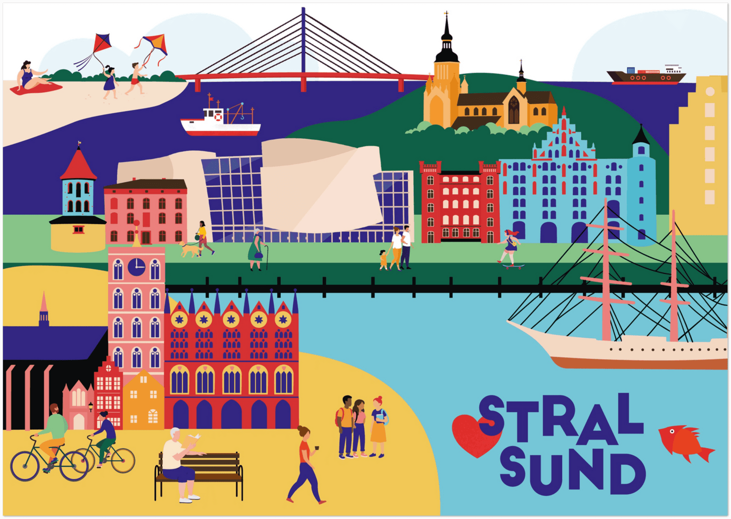 Farbenfroher Kunstdruck mit Stralsunder Sehenswürdigkeiten – ideal als Geschenkidee