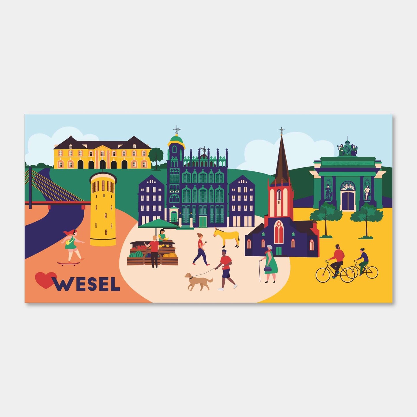 Leinwand mit Wesel-Illustration – Berliner Tor, Rheinbrücke, Dom und mehr als Fine Art Print