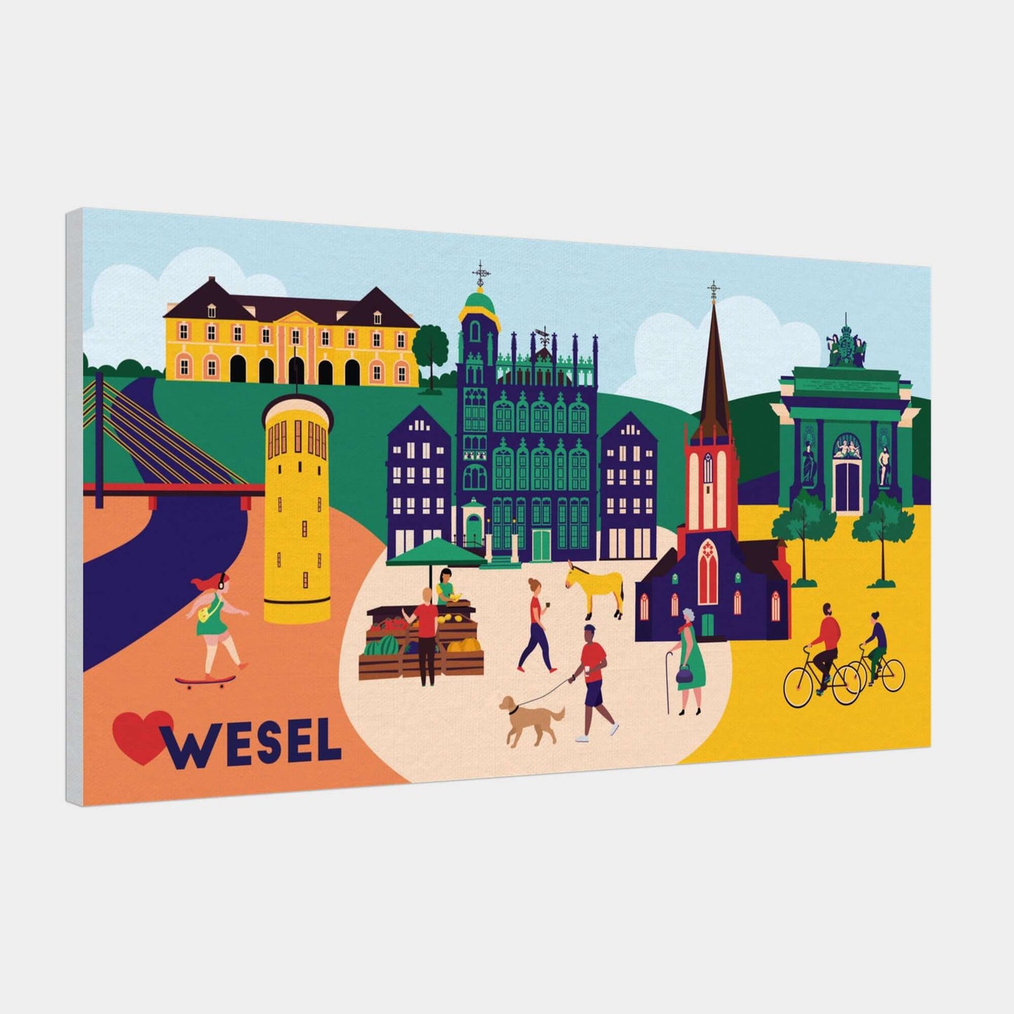 Stilvolle Stadtansicht von Wesel als Leinwanddruck – moderne Illustration mit Wahrzeichen.