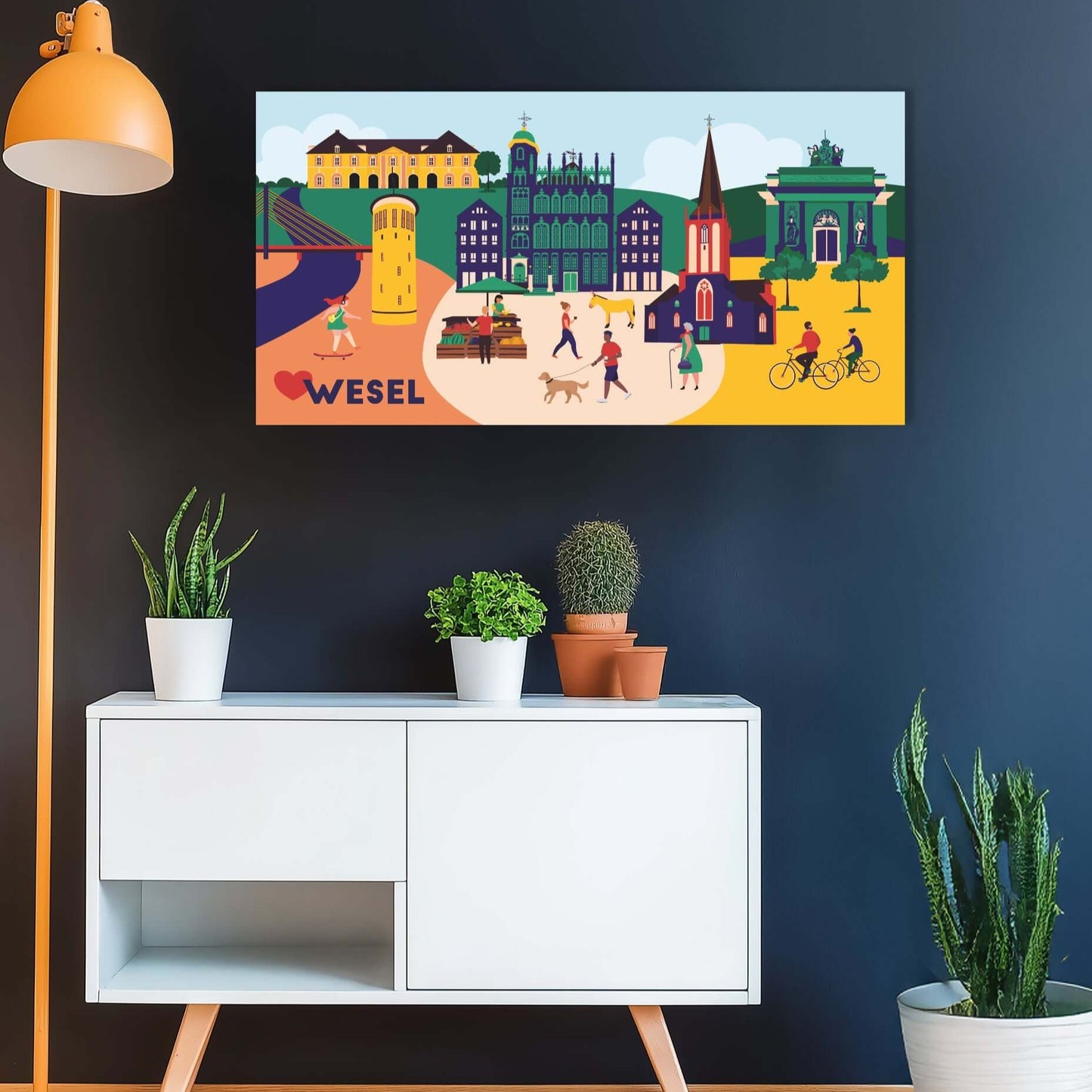 Farbenfrohe Leinwand mit ikonischen Motiven aus Wesel – perfekte Geschenkidee