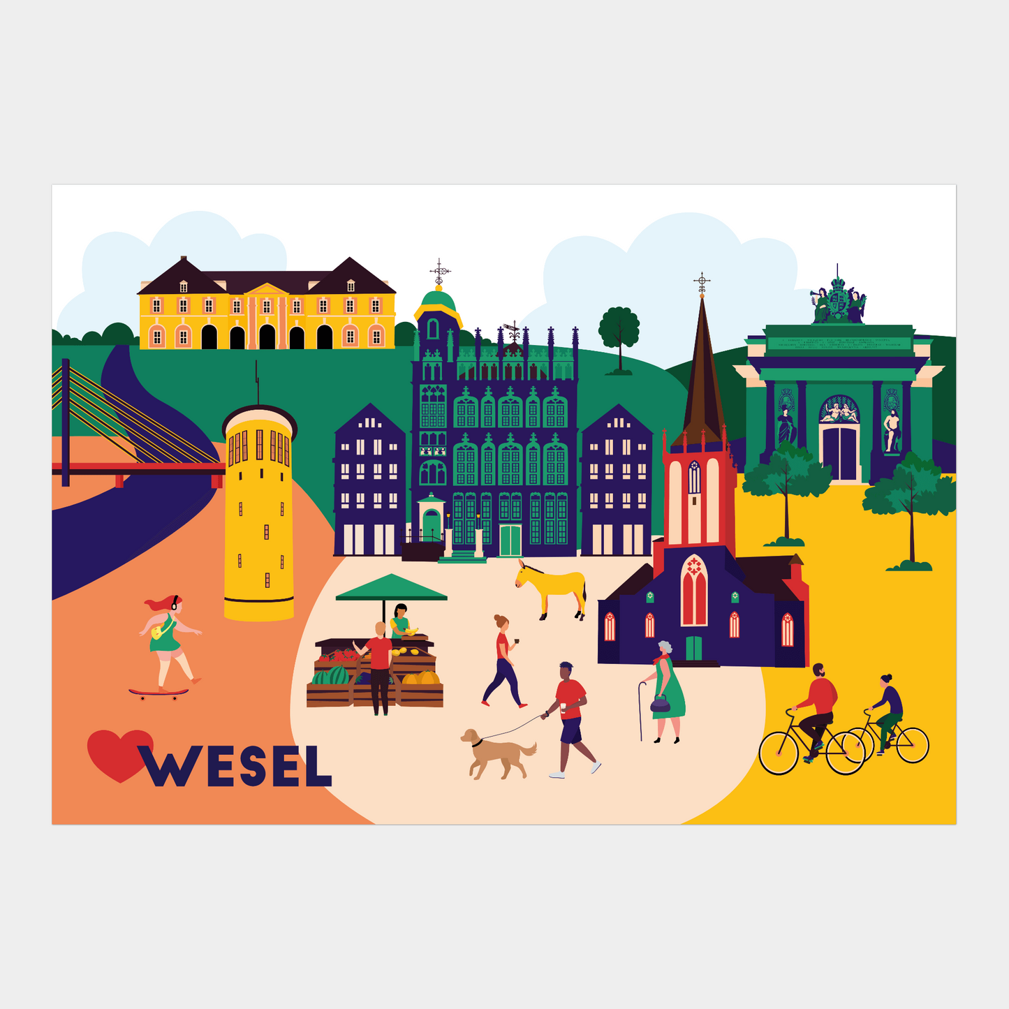Wesel Poster mit Stadtillustration – Berliner Tor, Zitadelle und Rheinbrücke als Kunstdruck.