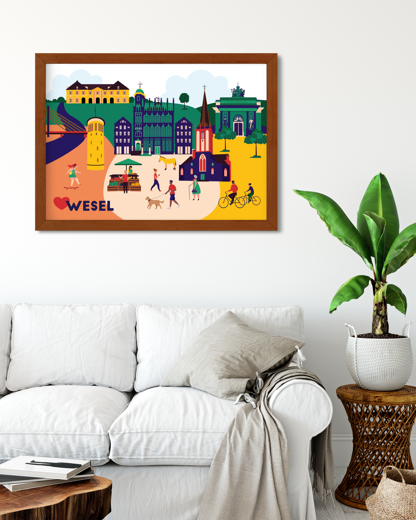 Modernes Stadtposter Wesel – Wahrzeichen wie Rathaus und Dom auf hochwertigem Papier.