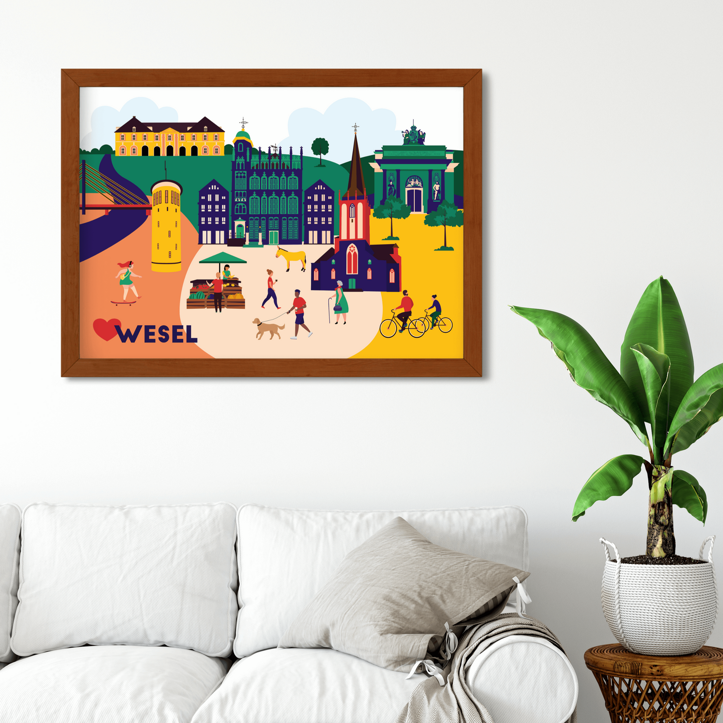 Modernes Stadtposter Wesel – Wahrzeichen wie Rathaus und Dom auf hochwertigem Papier.