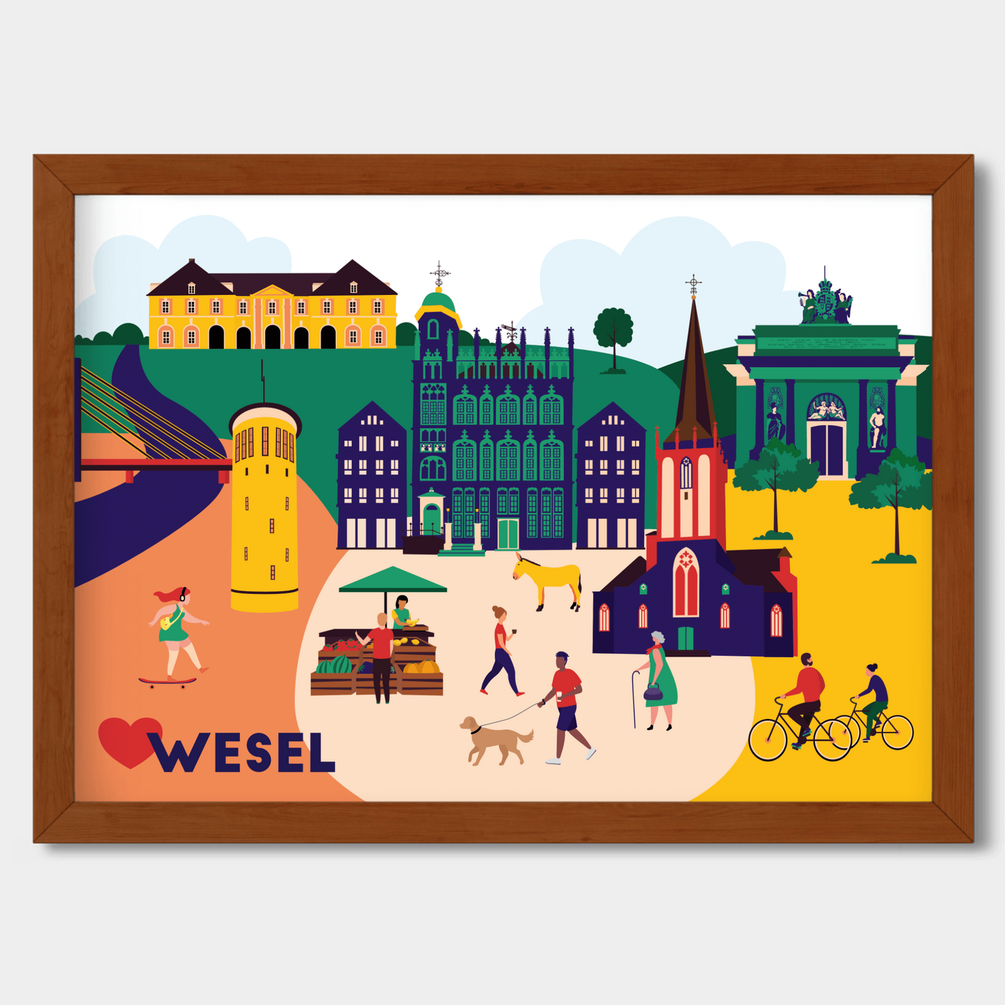 Illustration von Wesel als Wandbild – klares Design mit markanten Stadtmotiven.