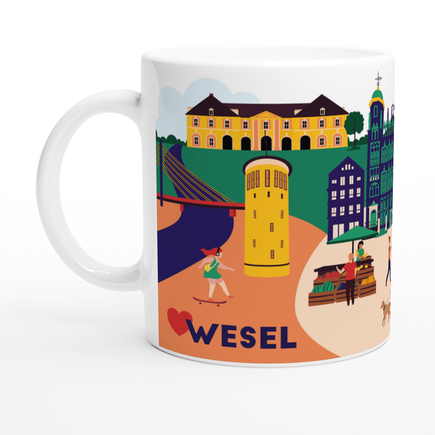 Design-Tasse mit Wesel Illustration – Berliner Tor, Rathaus und Rheinbrücke als Stadtmotiv.