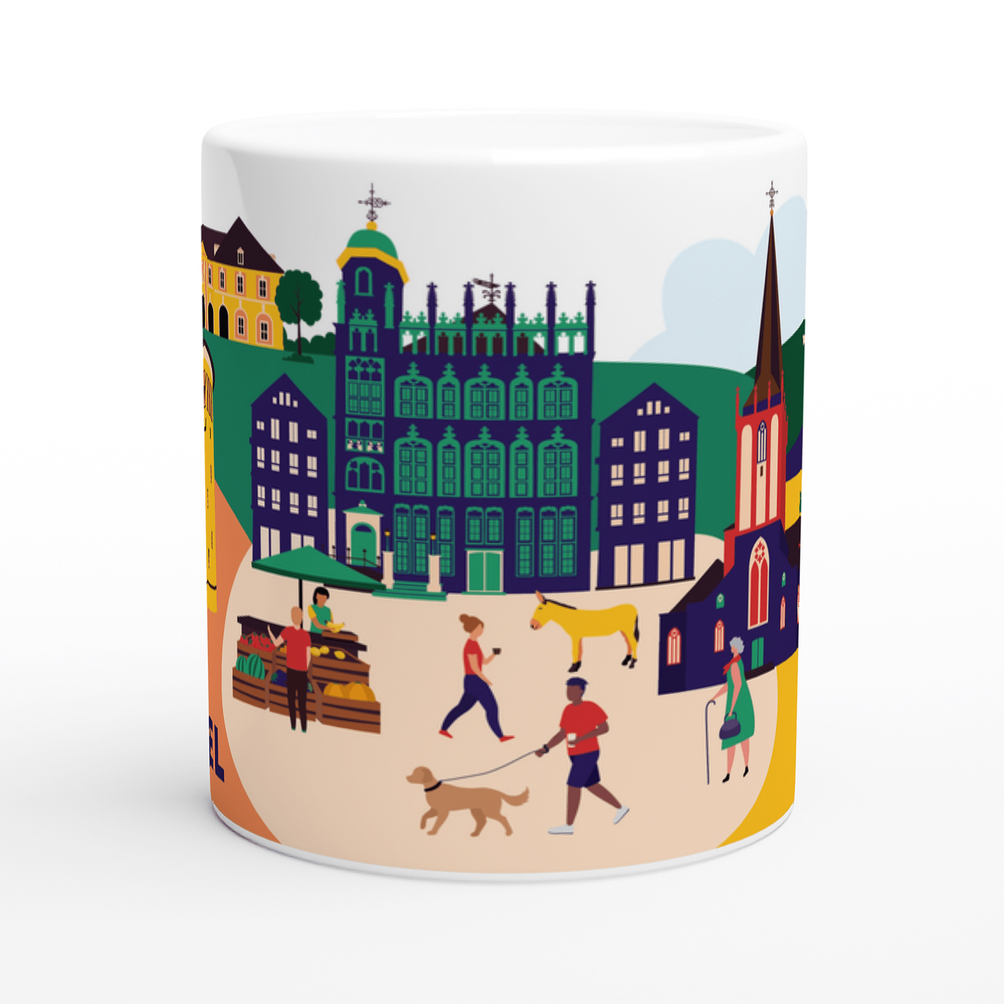 Keramiktasse mit Illustration von Wesel – Zitadelle, Dom und Wasserturm als Rundumdruck.