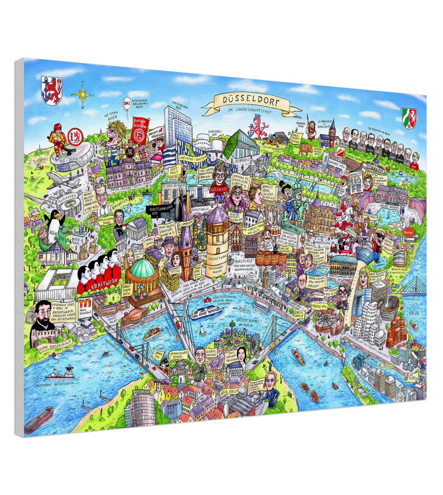 Bunte Stadtillustration von Düsseldorf als hochwertiger Leinwanddruck.