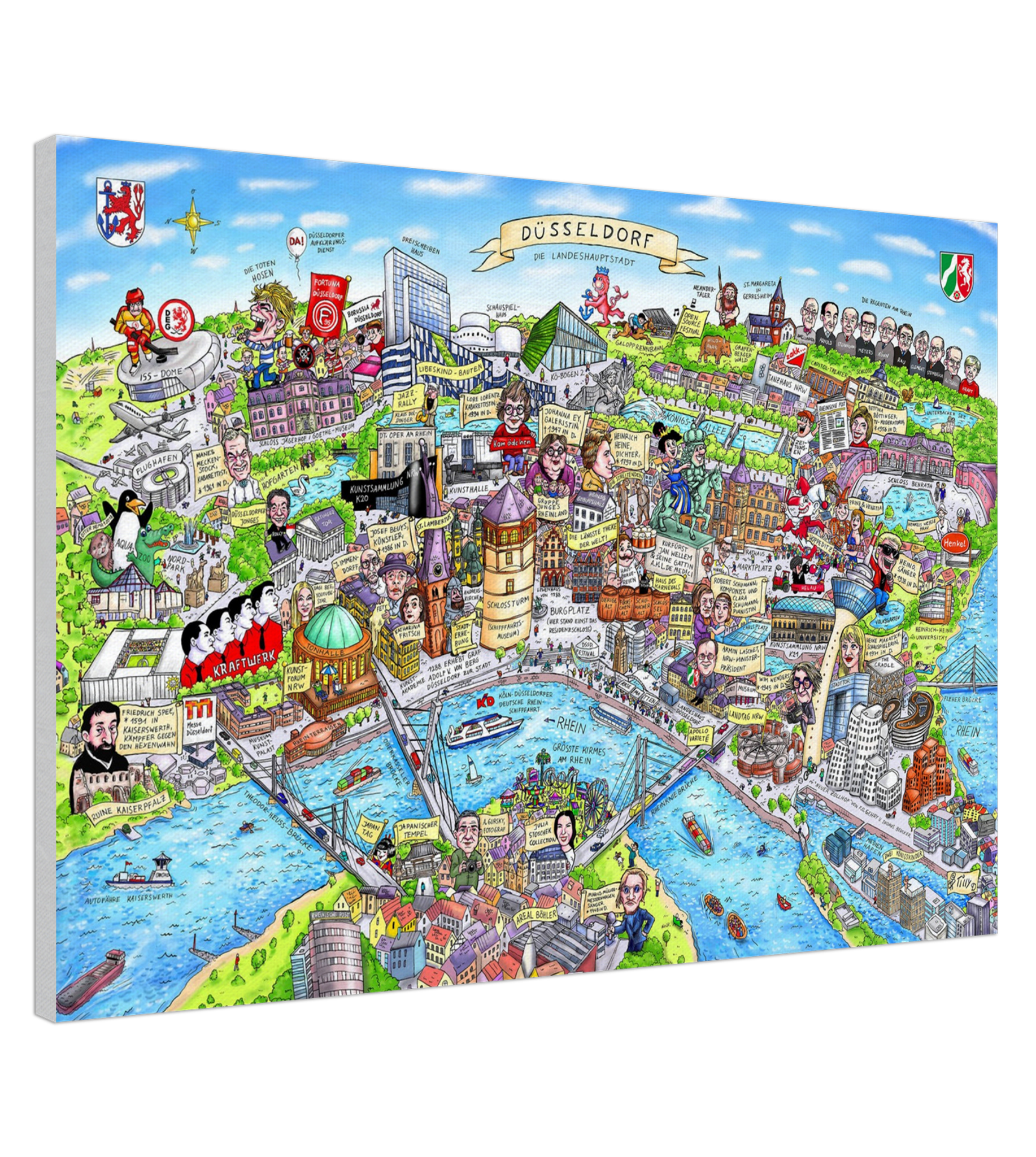 Bunte Stadtillustration von Düsseldorf als hochwertiger Leinwanddruck.
