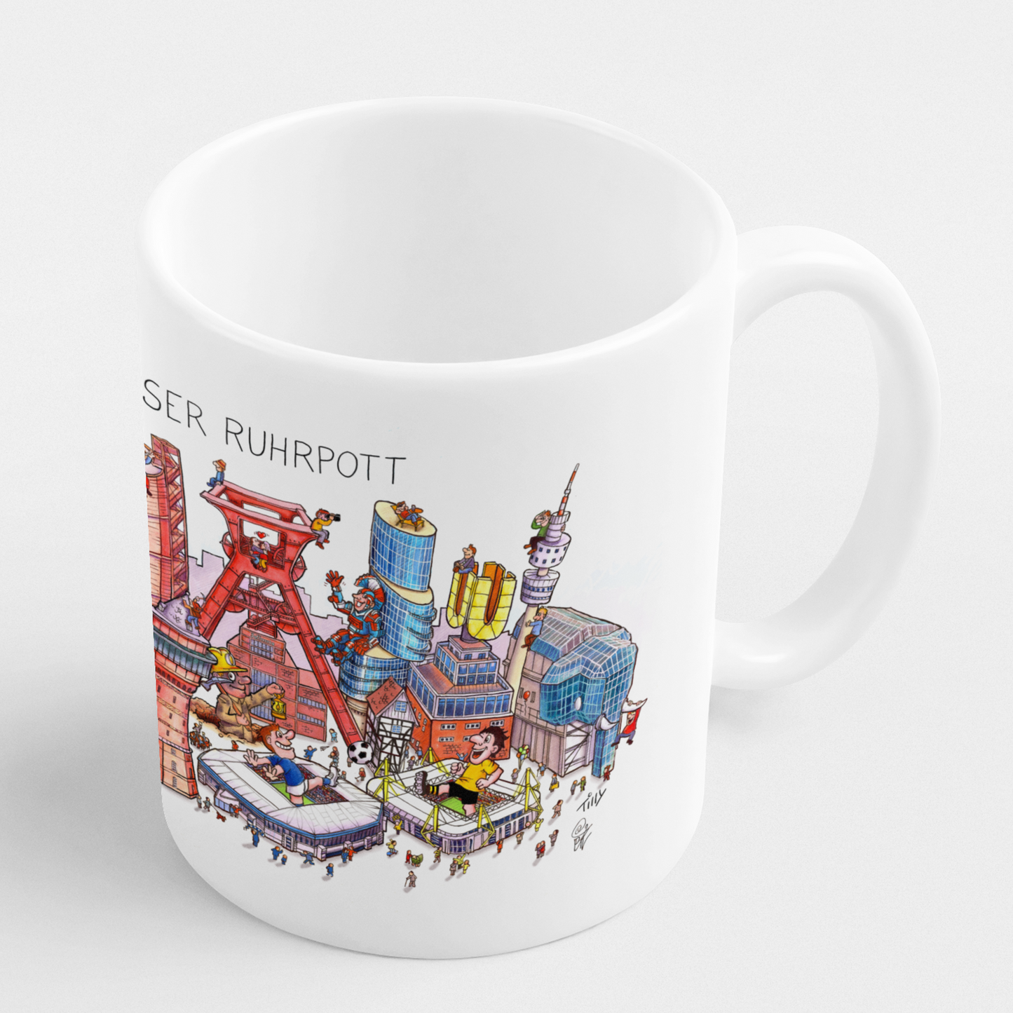 Hochwertige Kaffeetasse mit kreativer Ruhrpott-Collage, ideal als Geschenk oder Souvenir.