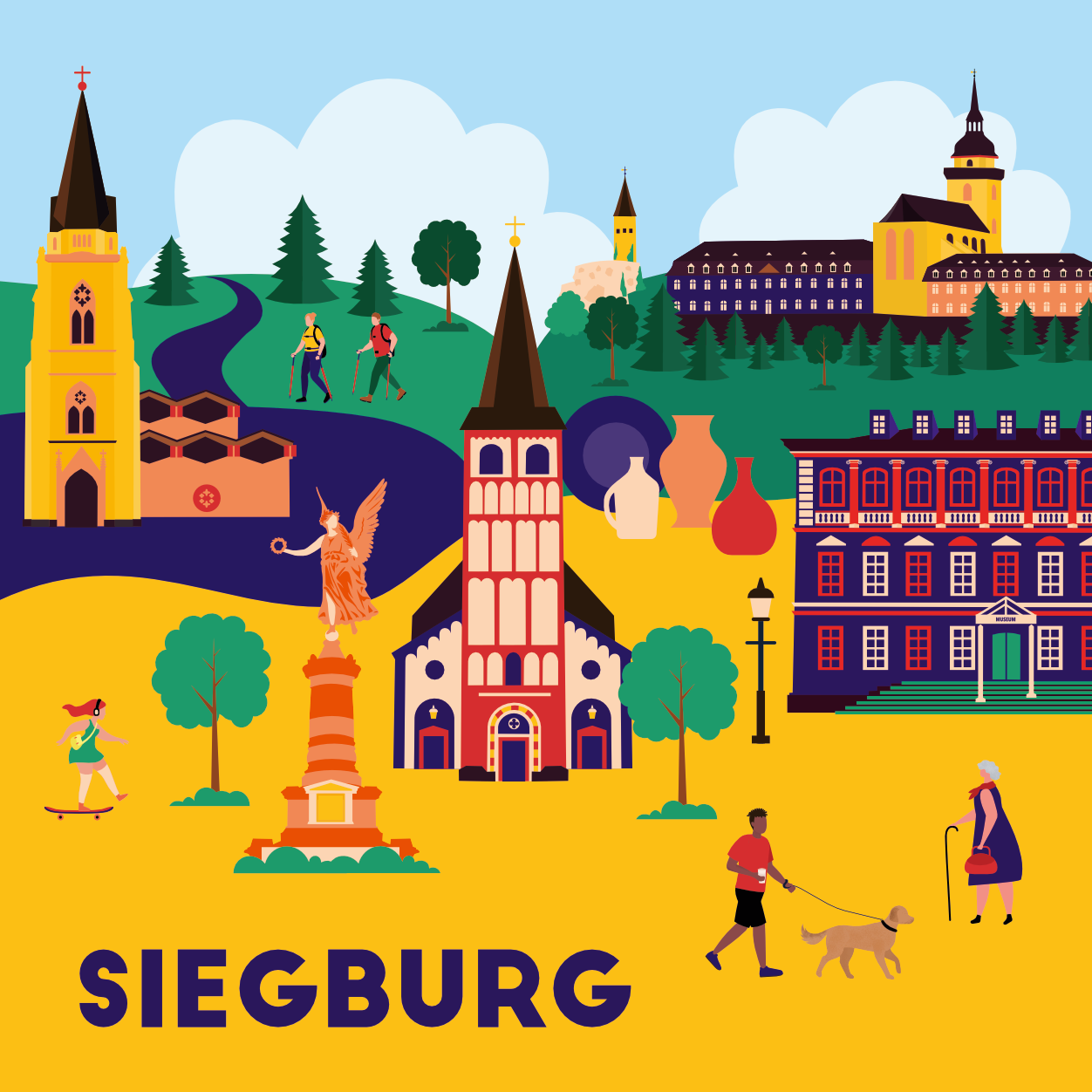 Siegburg Illustration mit Sankt Servatius, Stadtmuseum, Kriegerdenkmal, Abtei Michaelsberg, Sankt Anno 