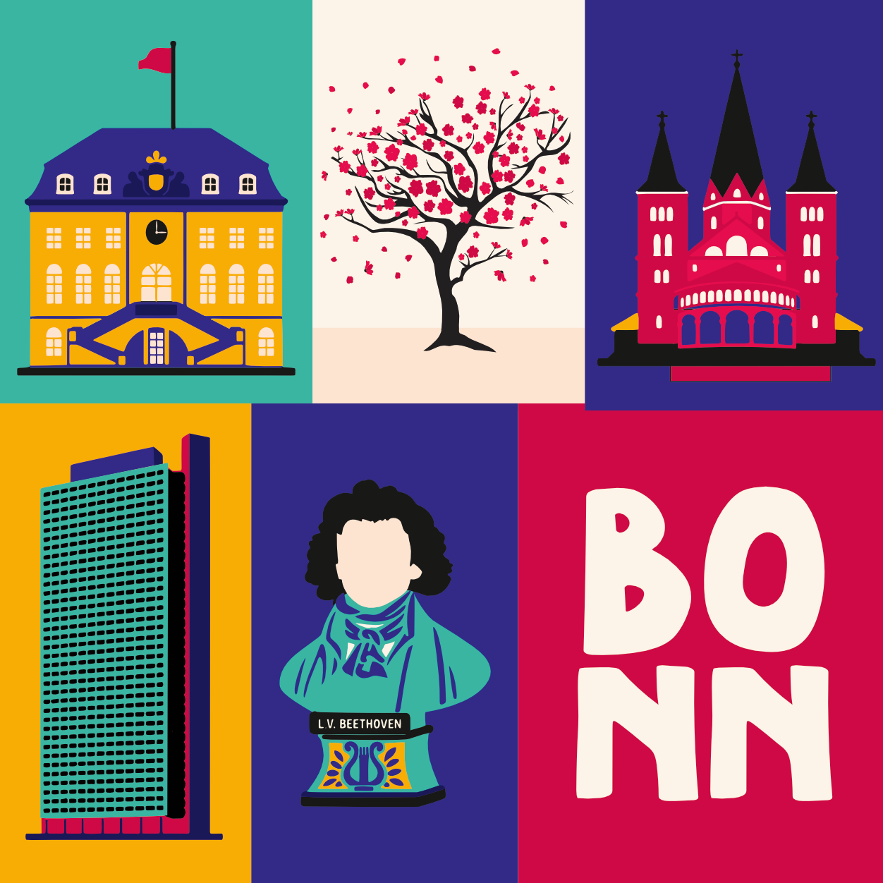 Illustration der Stadt Bonn mit Langer Eugen, Beethoven, Kirschblüten und Rathaus