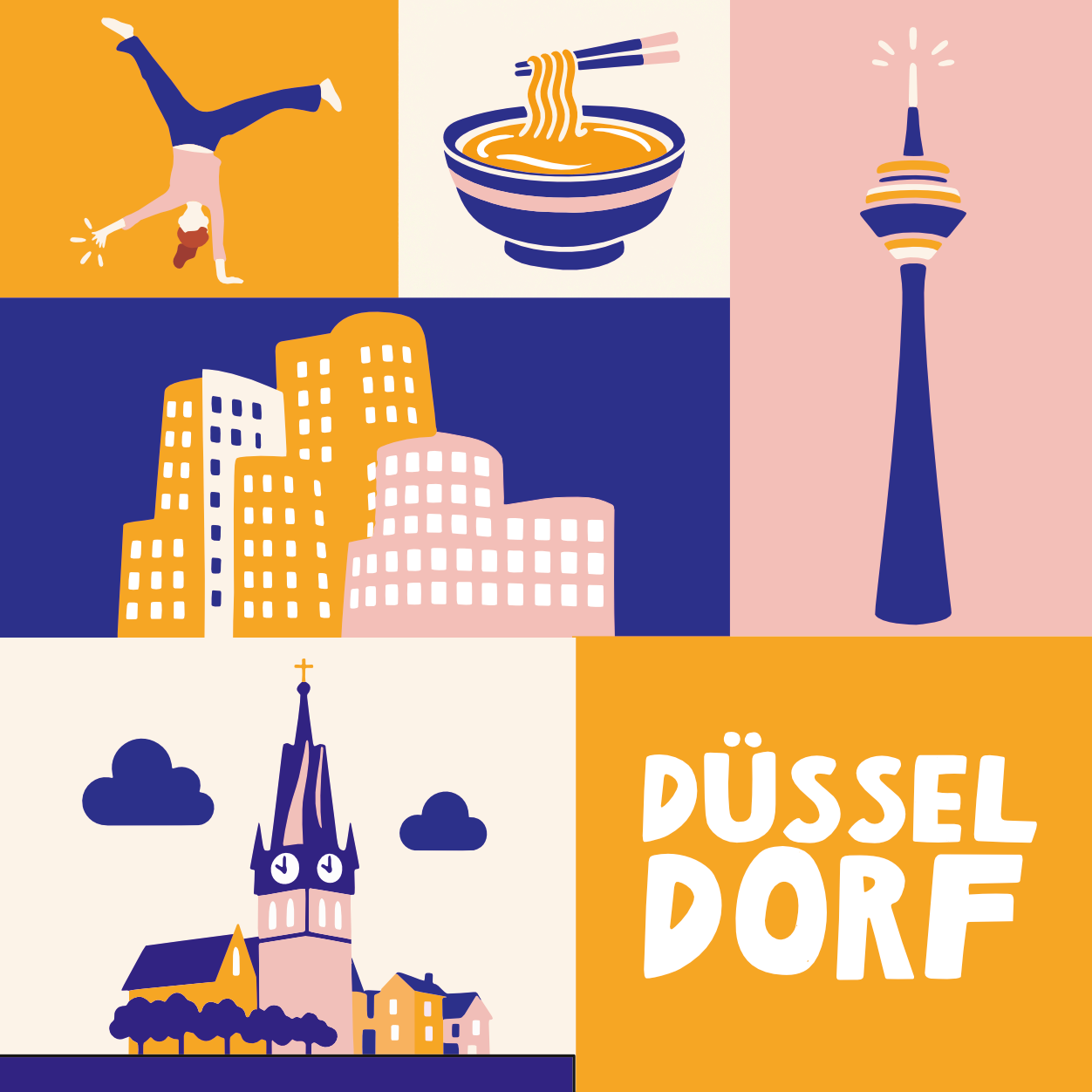 Düsseldorf Illustration mit Rheinufer, Fernsehturm, Gehry Bauten, Ramen, Radschläger
