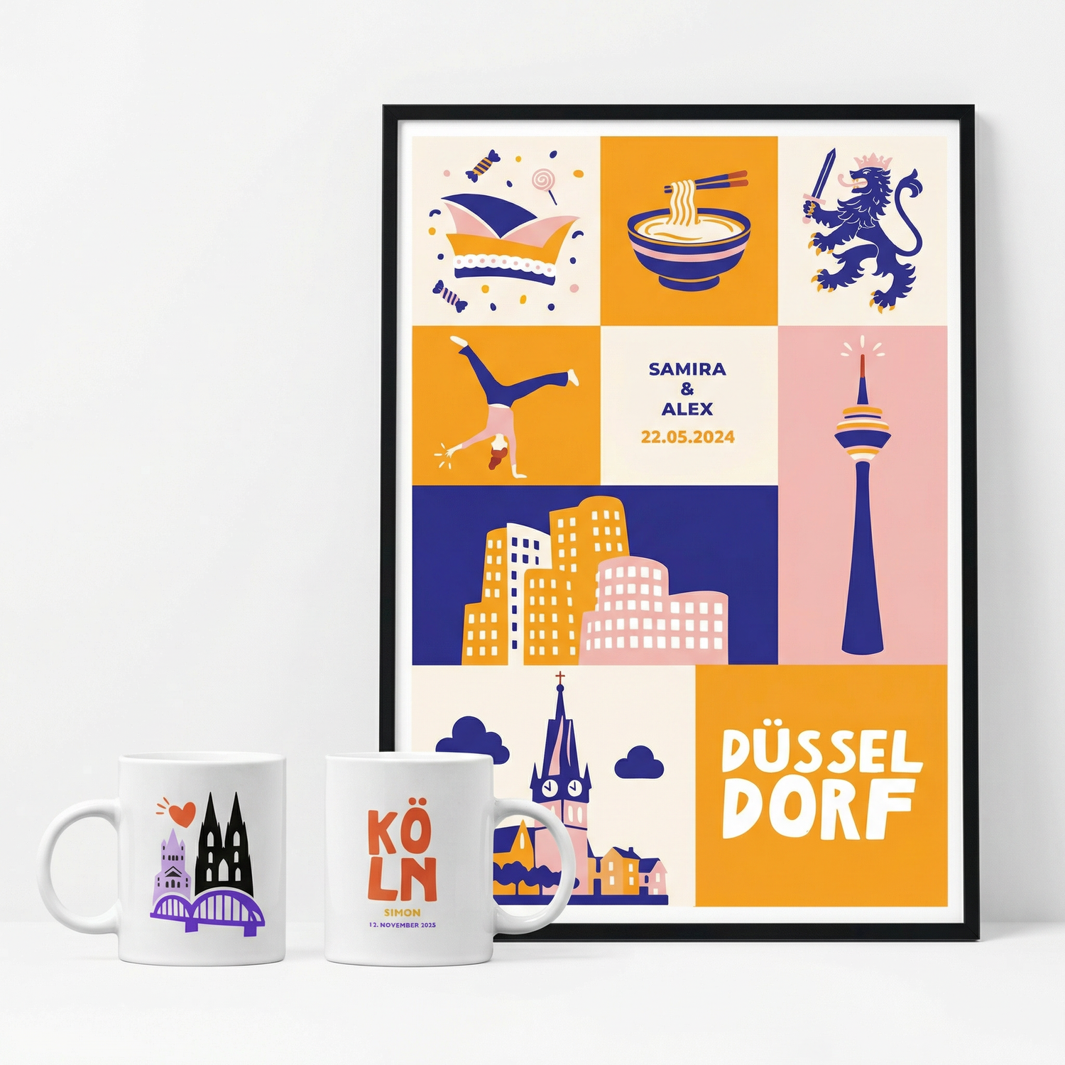Köln Tasse und Düsseldorf Wandkunst personalisiert mit Name und Datum