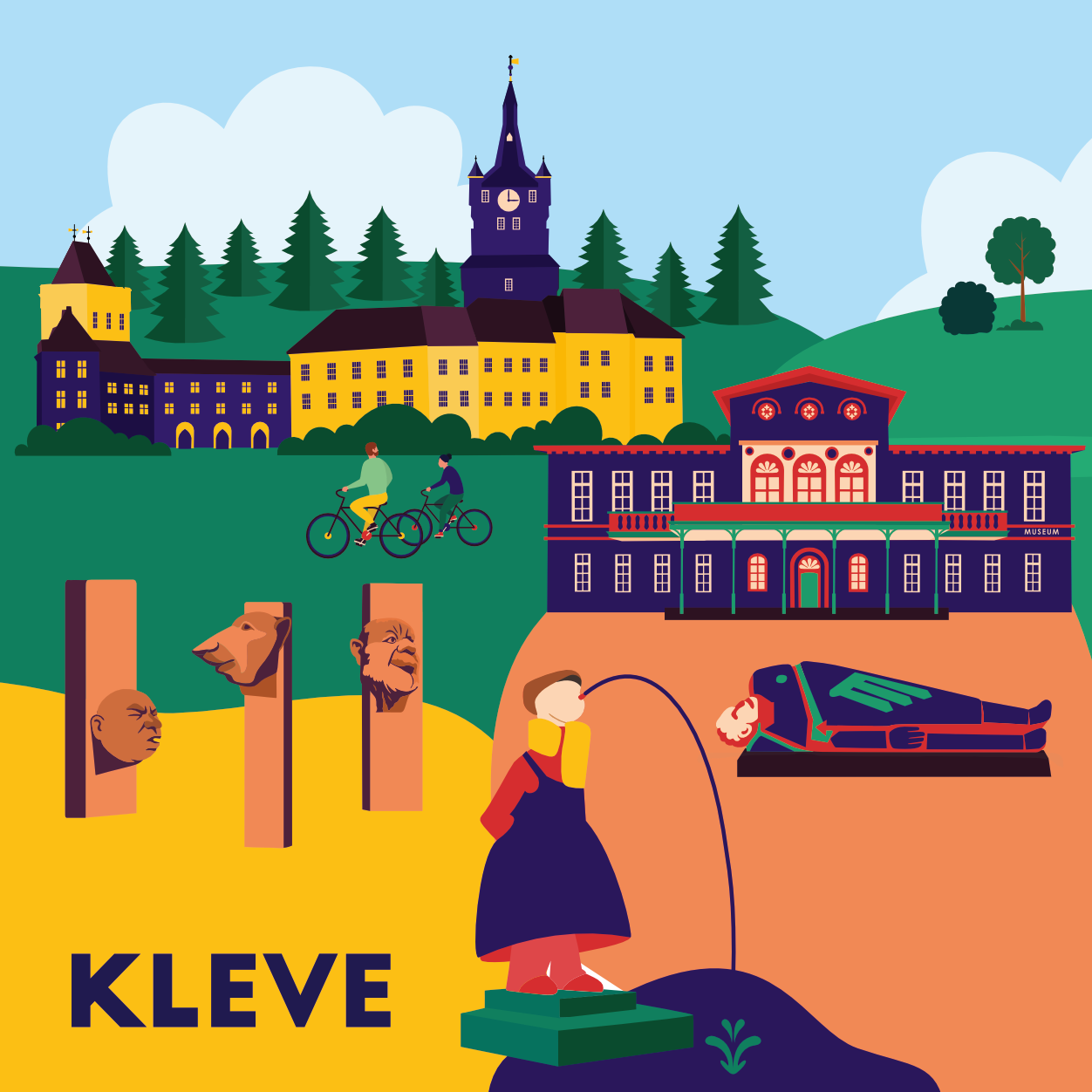 Kleve Illustration mit Schwanenburg, Narrenbrunnen, Klever Schüsterken, Tote Krieger, Museum Kurhaus