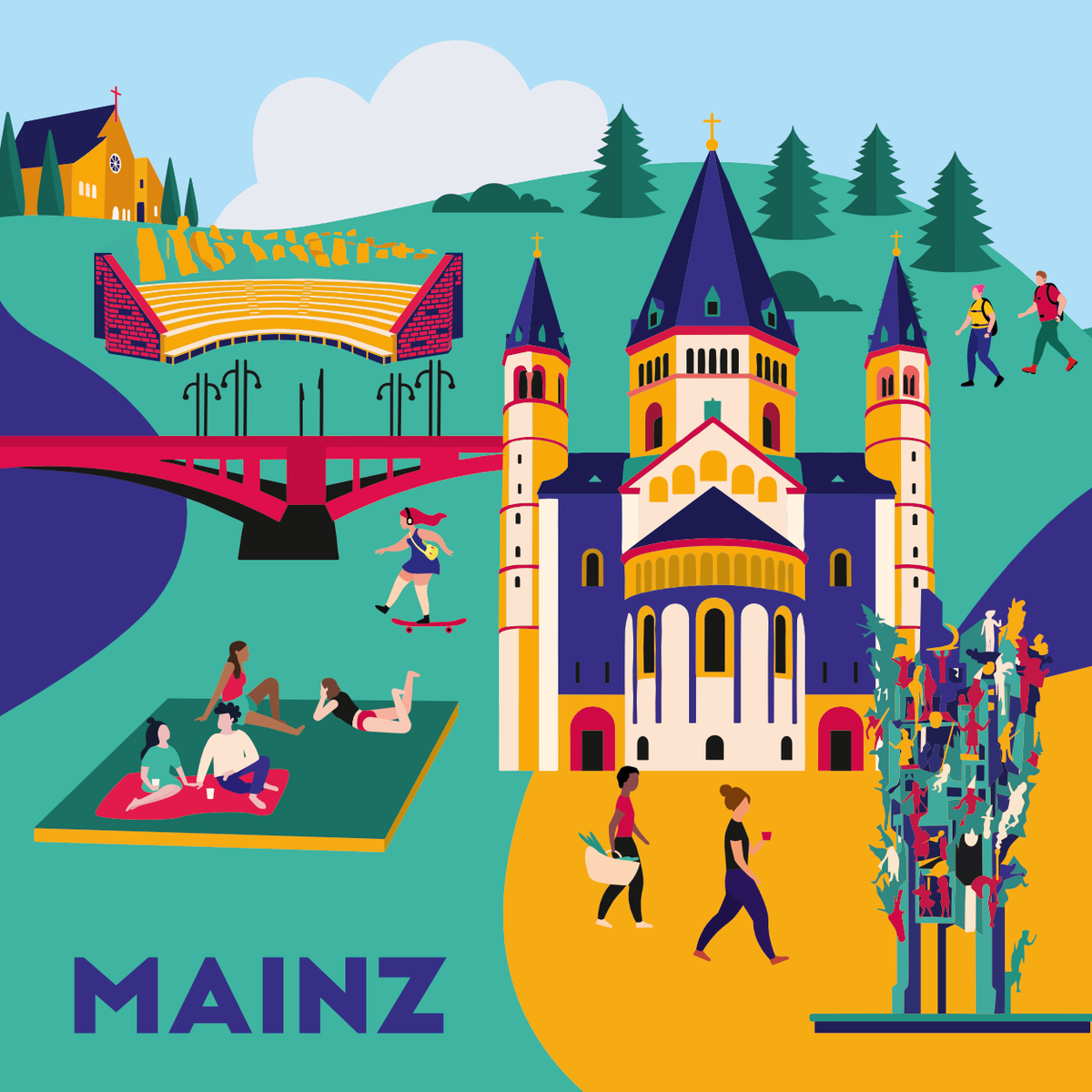 Mainz Illustration mit Dom, Fastnachtbrunnen und Rheinufer.