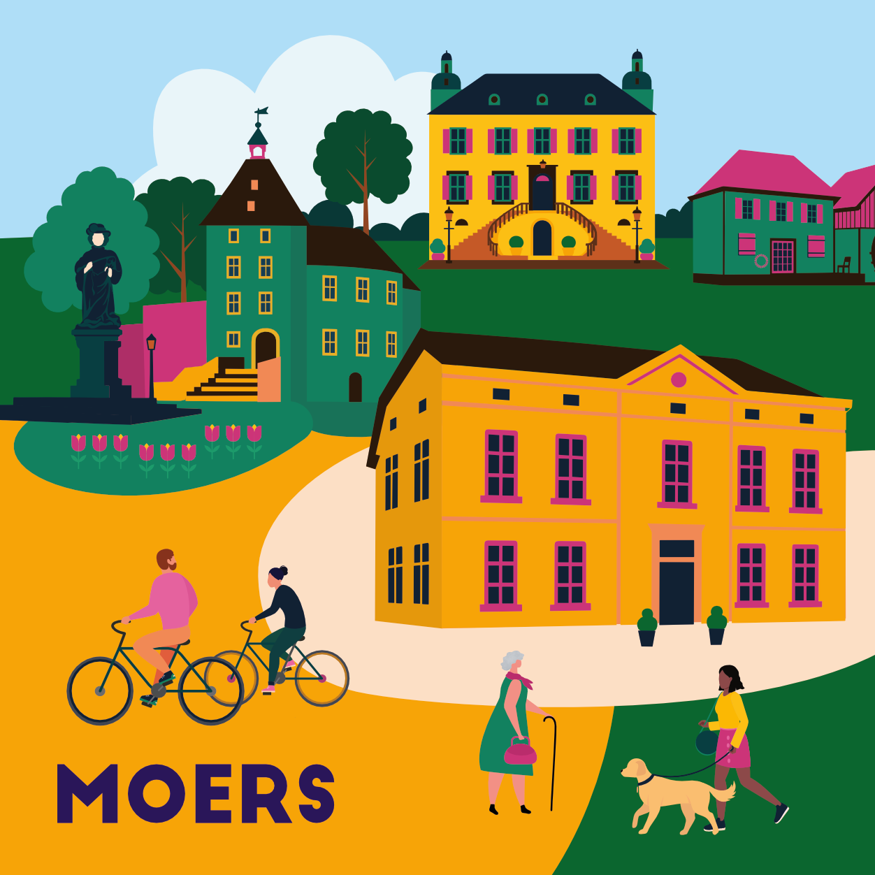 Illustration der Stadt Moers mit Wahrzeichen