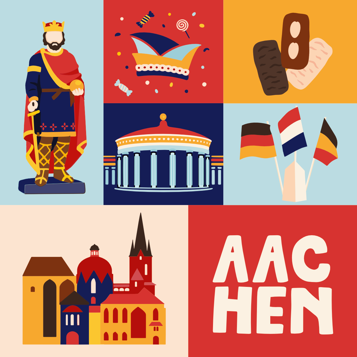 Aachen Illustration mit Kaiser, Printen, Drei Lander Eck, Dom und Elisenbrunenn