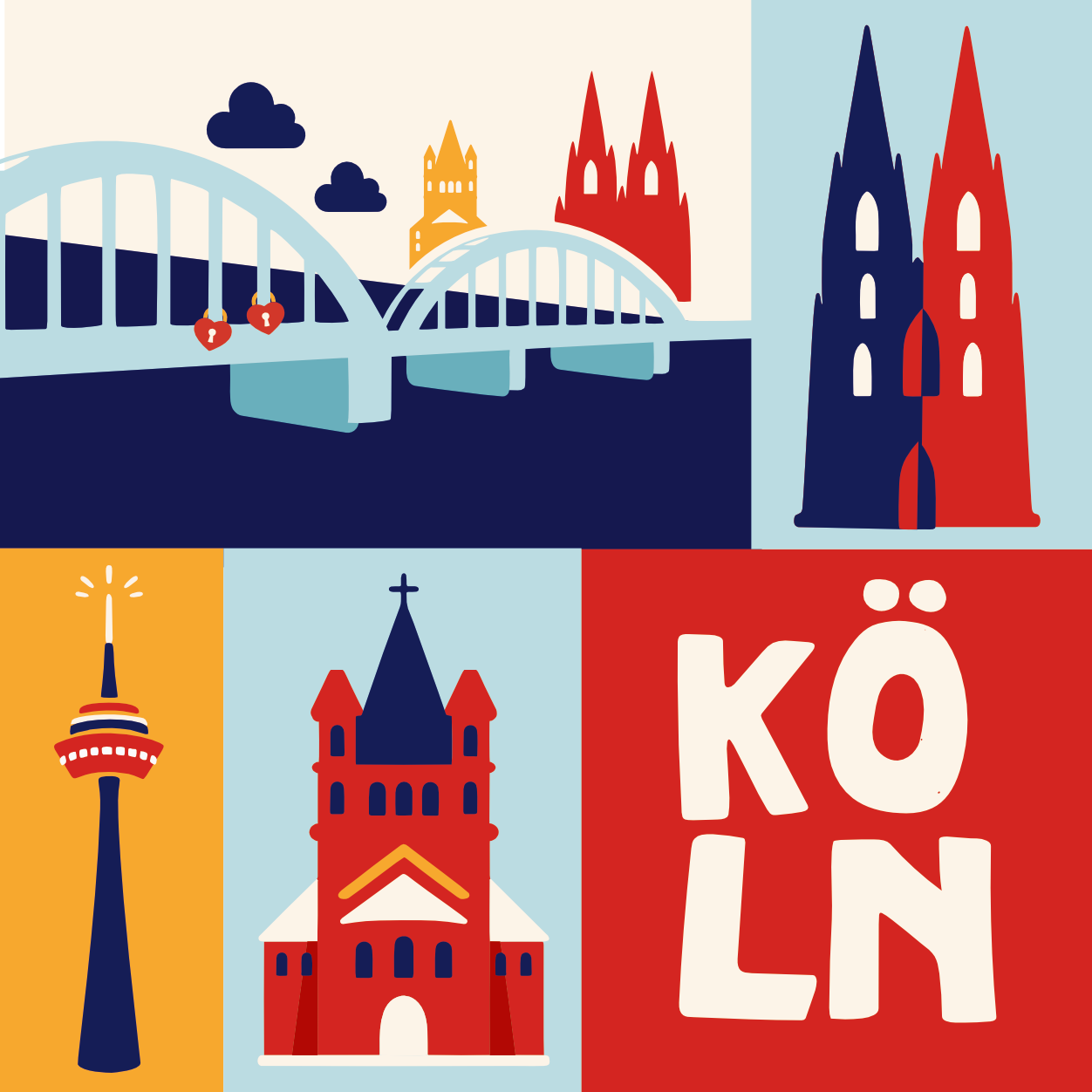 Köln Illustration mit Dom, Fernsehturm, Rheinufer