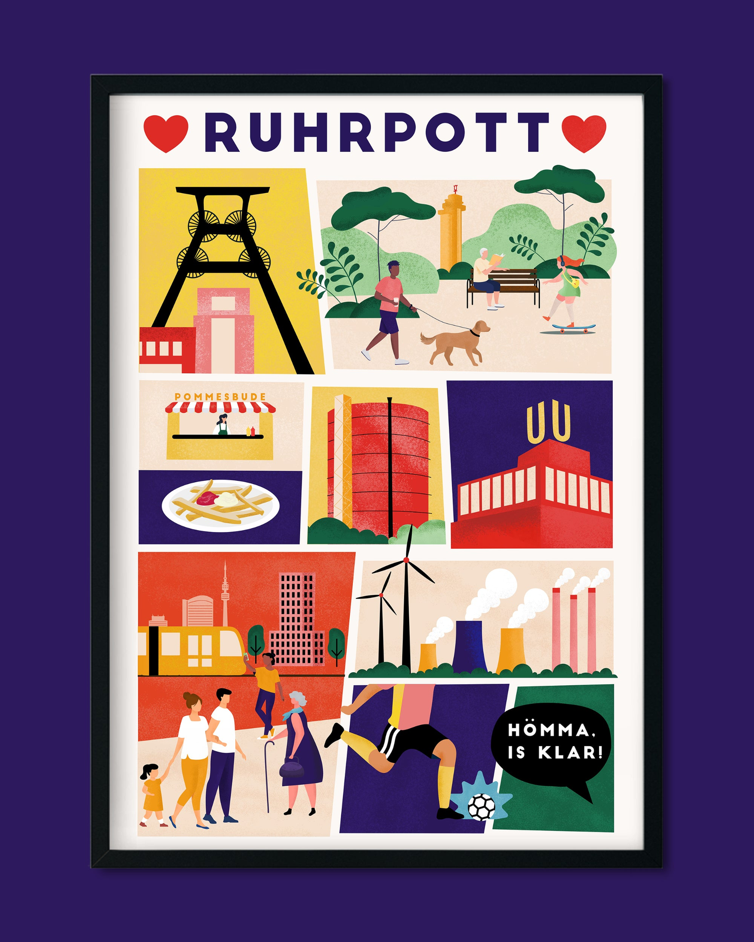 Grafisches Ruhrpott-Poster mit Zeche, Pommesbude, Stadion, Skyline und typischen Ruhrgebiet-Szenen im modernen Retro-Stil.