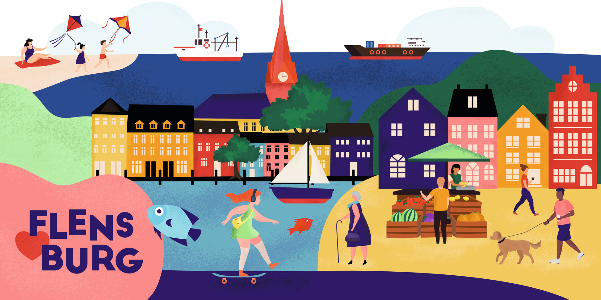 Design-Leinwand mit Flensburg-Motiv – Segelboote, Hafenstadt und Marktszene als moderne Illustration.