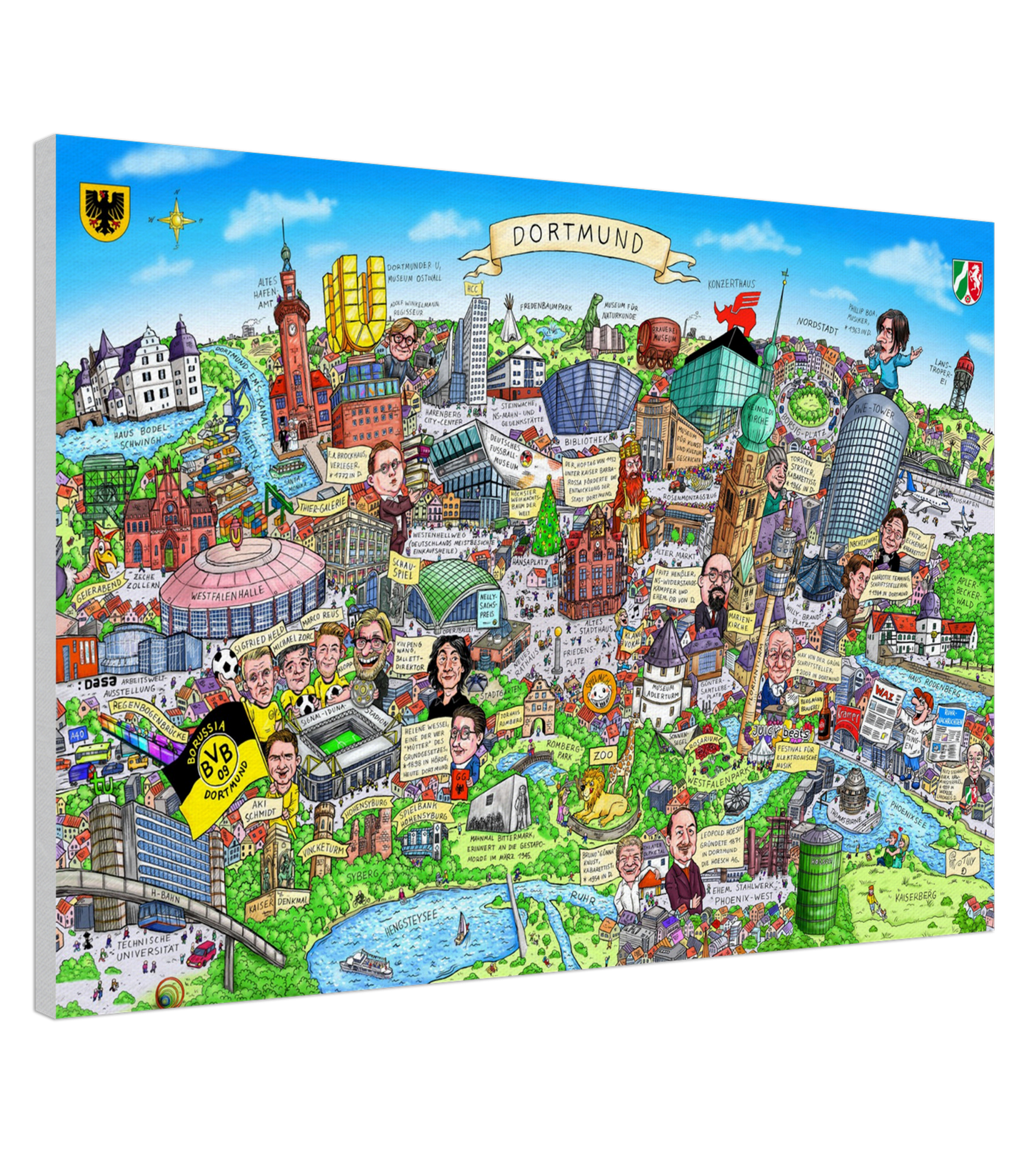Farbenfrohe Stadtcollage von Dortmund, gestaltet von Karnevalswagenbauer Jacques Tilly.