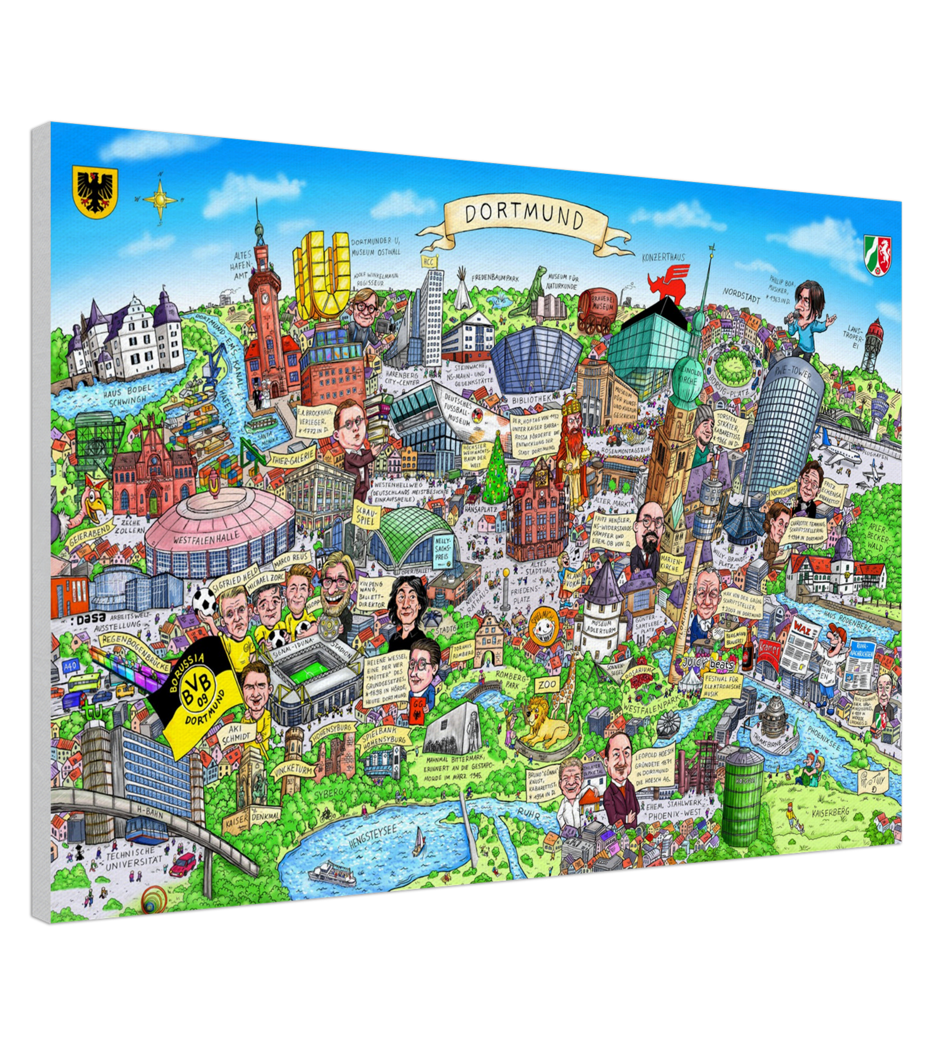 Farbenfrohe Stadtcollage von Dortmund, gestaltet von Karnevalswagenbauer Jacques Tilly.