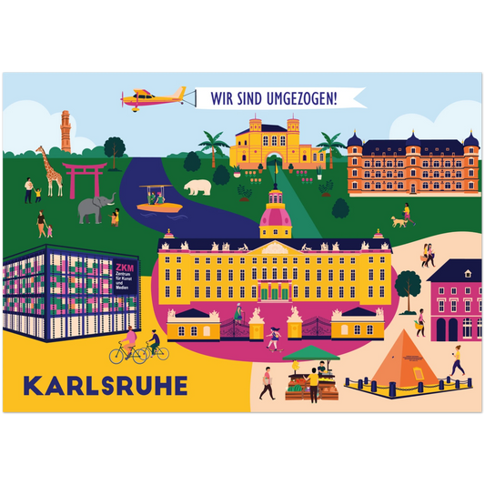 Motiv der Umzugskarte mit grafischer Illustration von Karlsruhe und Text Wir sind umgezogen.