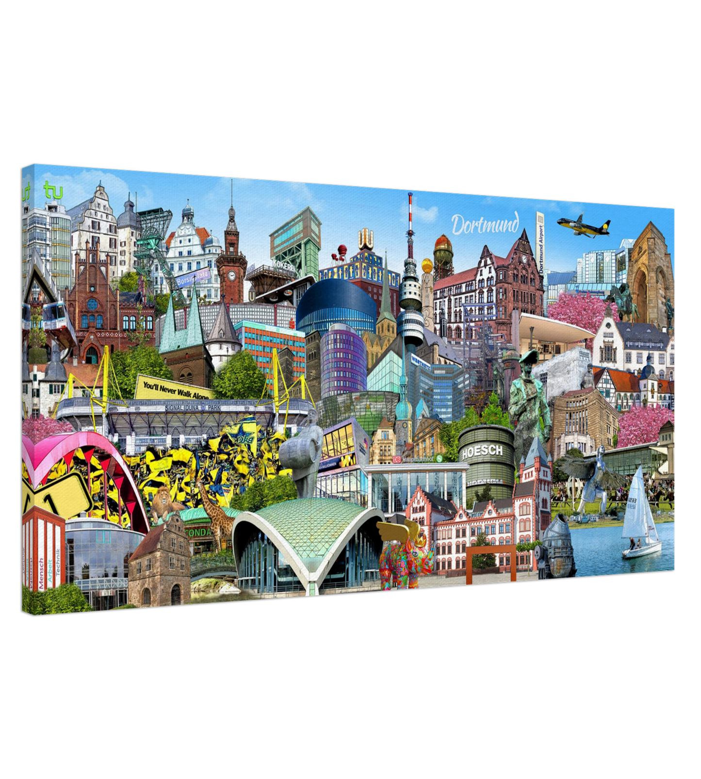 Farbenfrohe Stadtcollage von Dortmund als moderner Leinwanddruck.