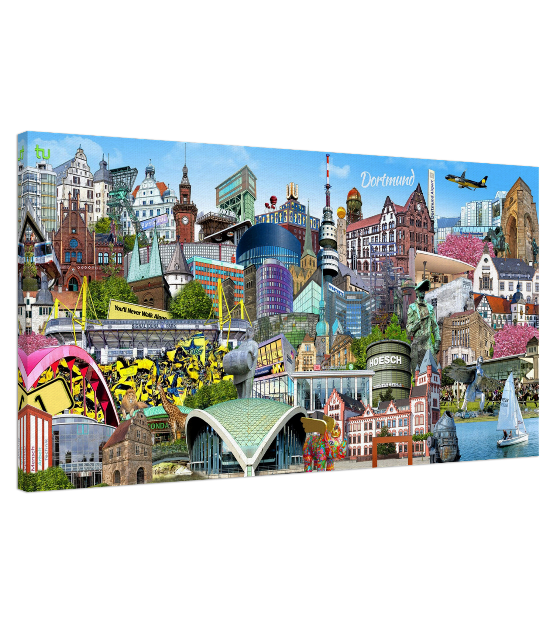 Farbenfrohe Stadtcollage von Dortmund als moderner Leinwanddruck.