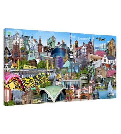 Farbenfrohe Stadtcollage von Dortmund als moderner Leinwanddruck.
