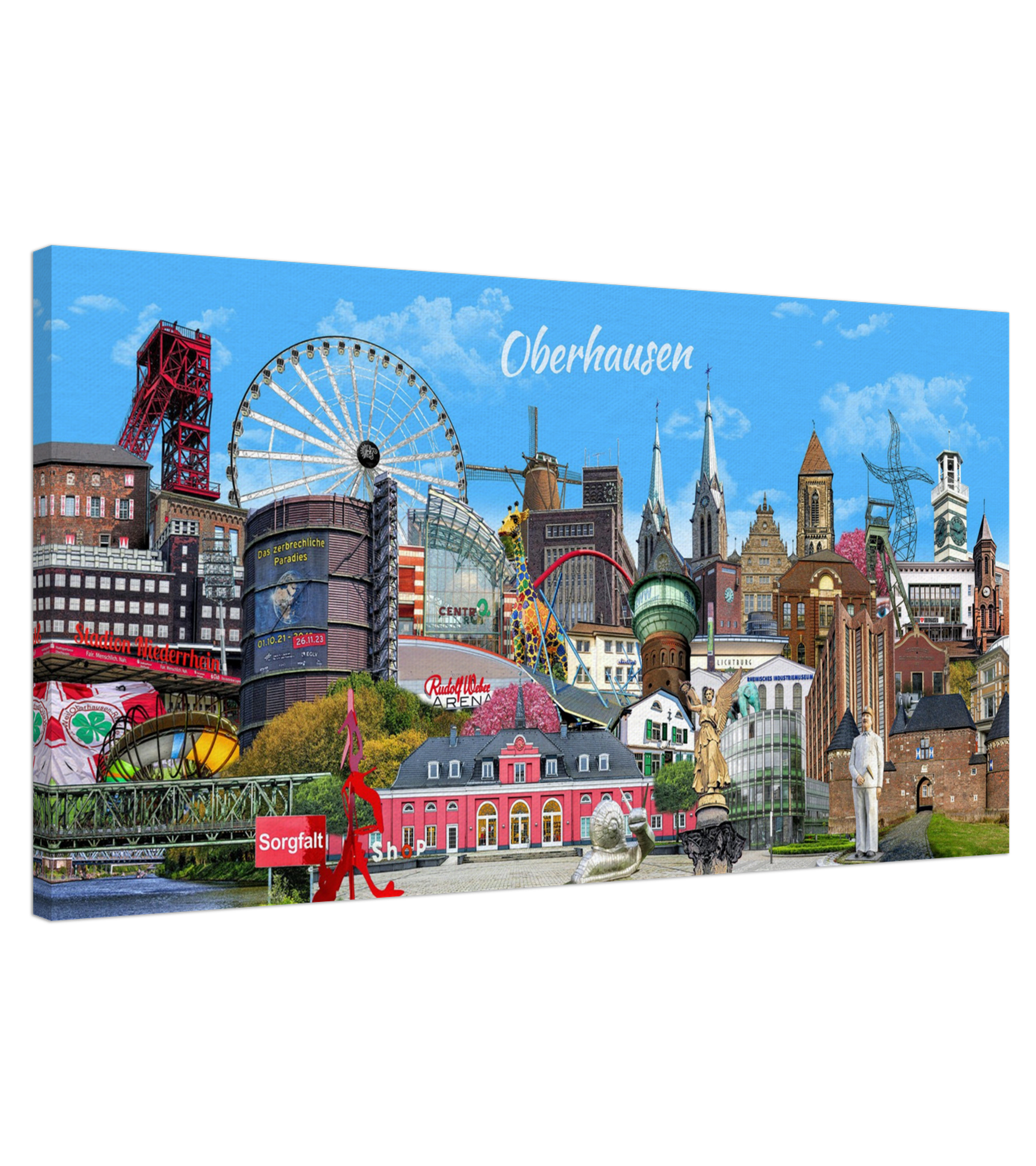 Farbenfrohe Stadtcollage von Oberhausen als stilvolles Wandbild.