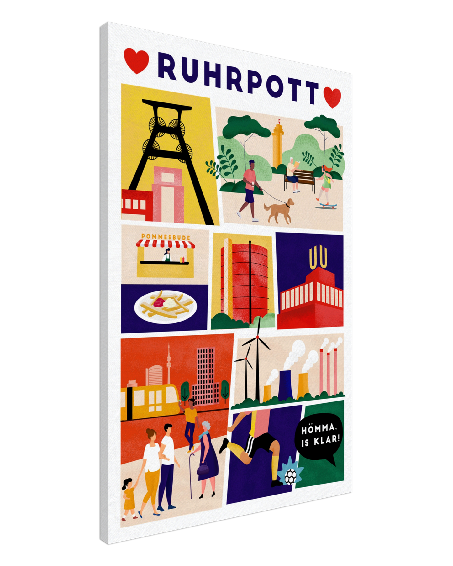 Farbenfrohe Ruhrpott-Illustration als stilvolle Wandkunst auf Leinwand.
