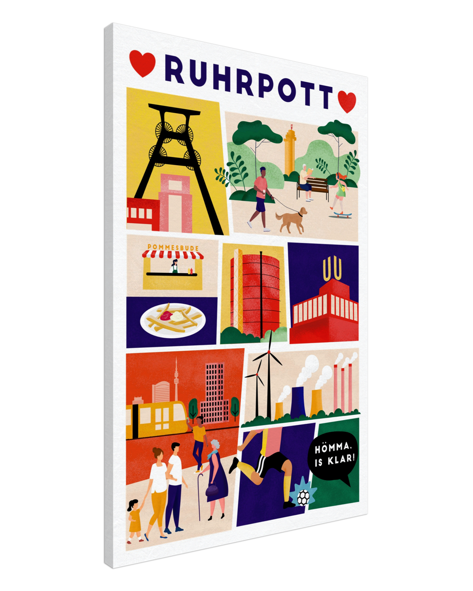 Farbenfrohe Ruhrpott-Illustration als stilvolle Wandkunst auf Leinwand.