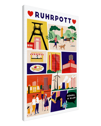 Farbenfrohe Ruhrpott-Illustration als stilvolle Wandkunst auf Leinwand.