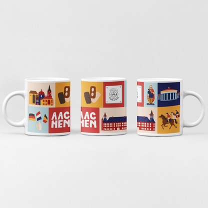 Drei bedruckte Kaffeetassen mit plakativen Aachen-Motiven im Mid-Century Stil, darunter Pferde und historische Wahrzeichen. In der Mitte ist ein personalisiertes Logo organisch in das Design integriert. Ideales B2B Werbegeschenk und lokales Firmenpräsent von Stadtkind Souvenir.