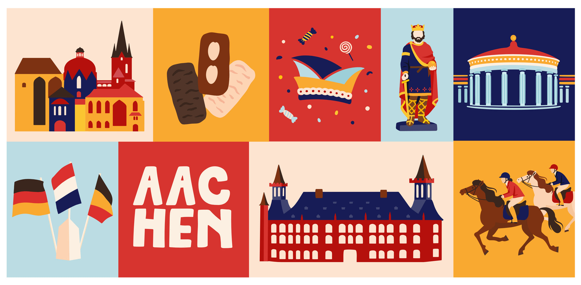 Geschenkidee Aachen Souvenir Tasse mit Karl der Große und Drei Länder Eck Grafik