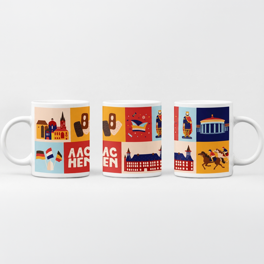 Stadtkind Souvenir Tasse Aachen Illustration mit Dom und Rathaus Motiv vor weißem Hintergrund